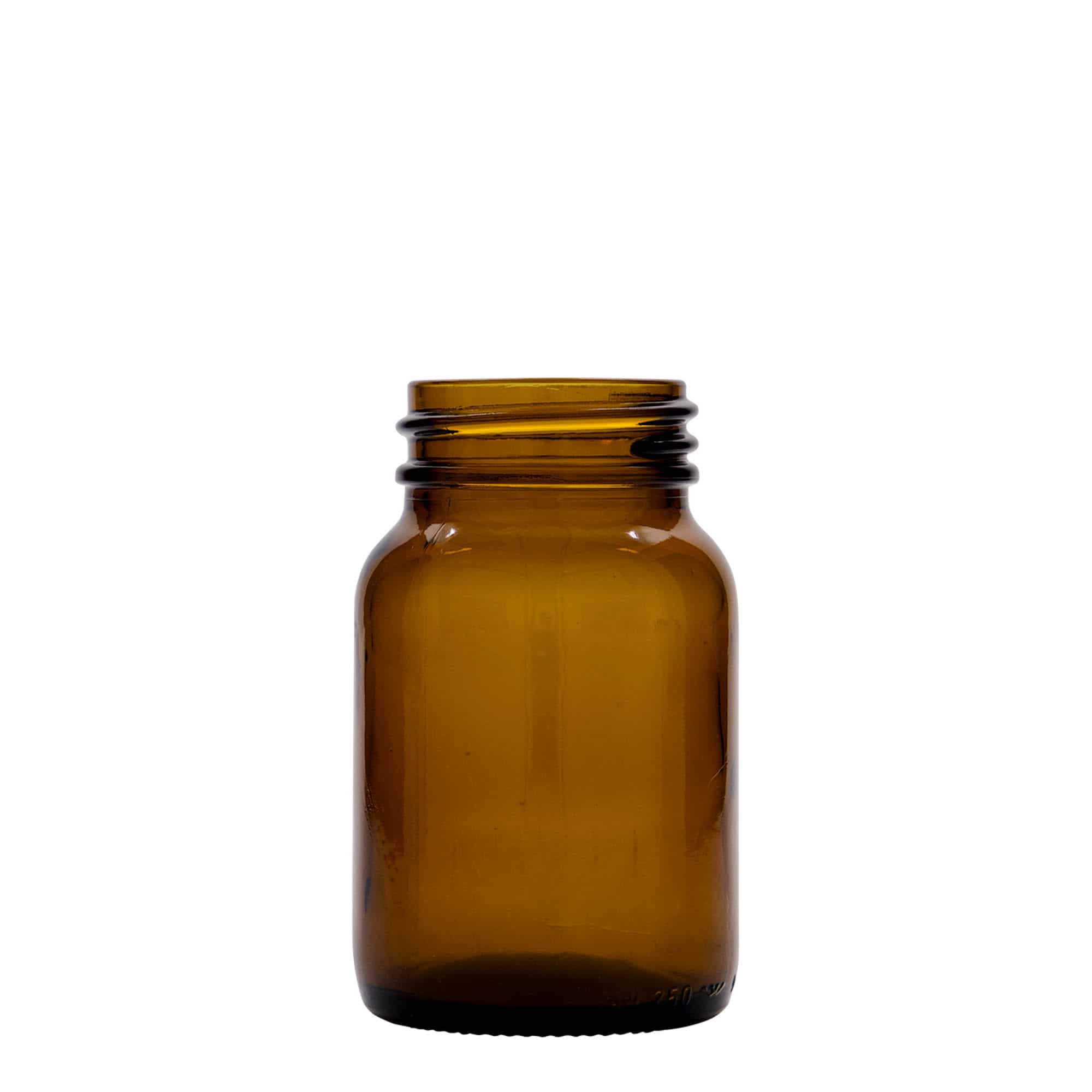 250 ml plaša kakla stikla burka, brūna, atvere: DIN 55 250 ml plaša kakla stikla burka, brūna, atvere: DIN 55