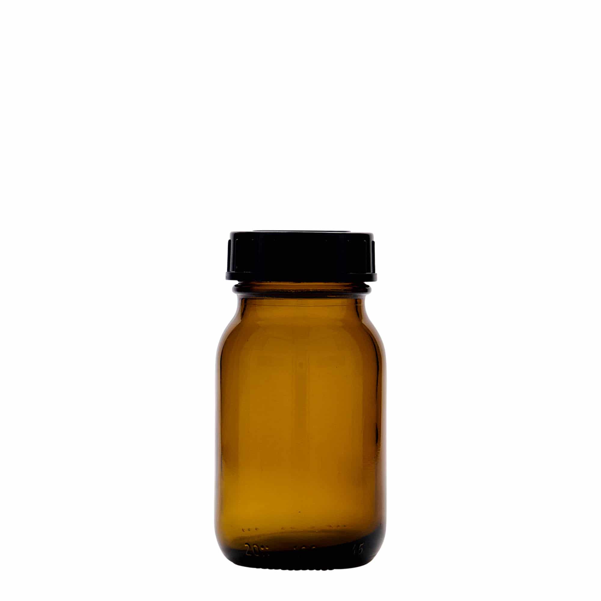 100 ml plašas kakla stikla burka, brūna, atvere: DIN 40