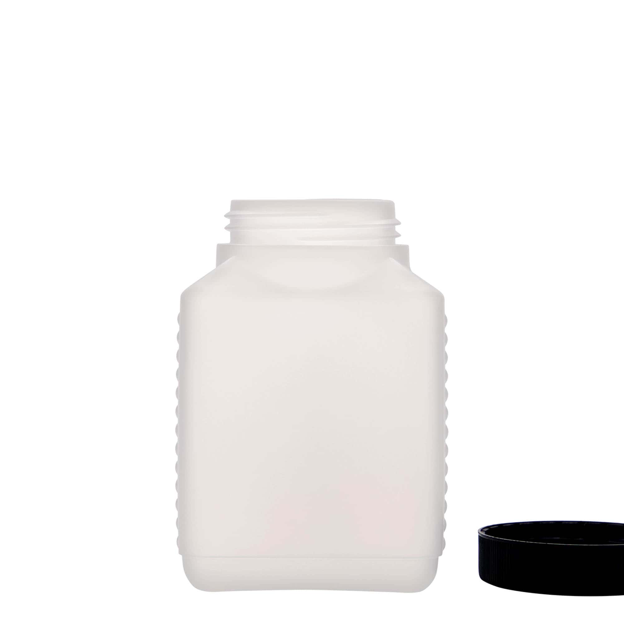 500 ml pudele ar paplašinātu kakliņu, taisnstūra, HDPE plastmasas, dabīga, aizdare: DIN 60 EPE