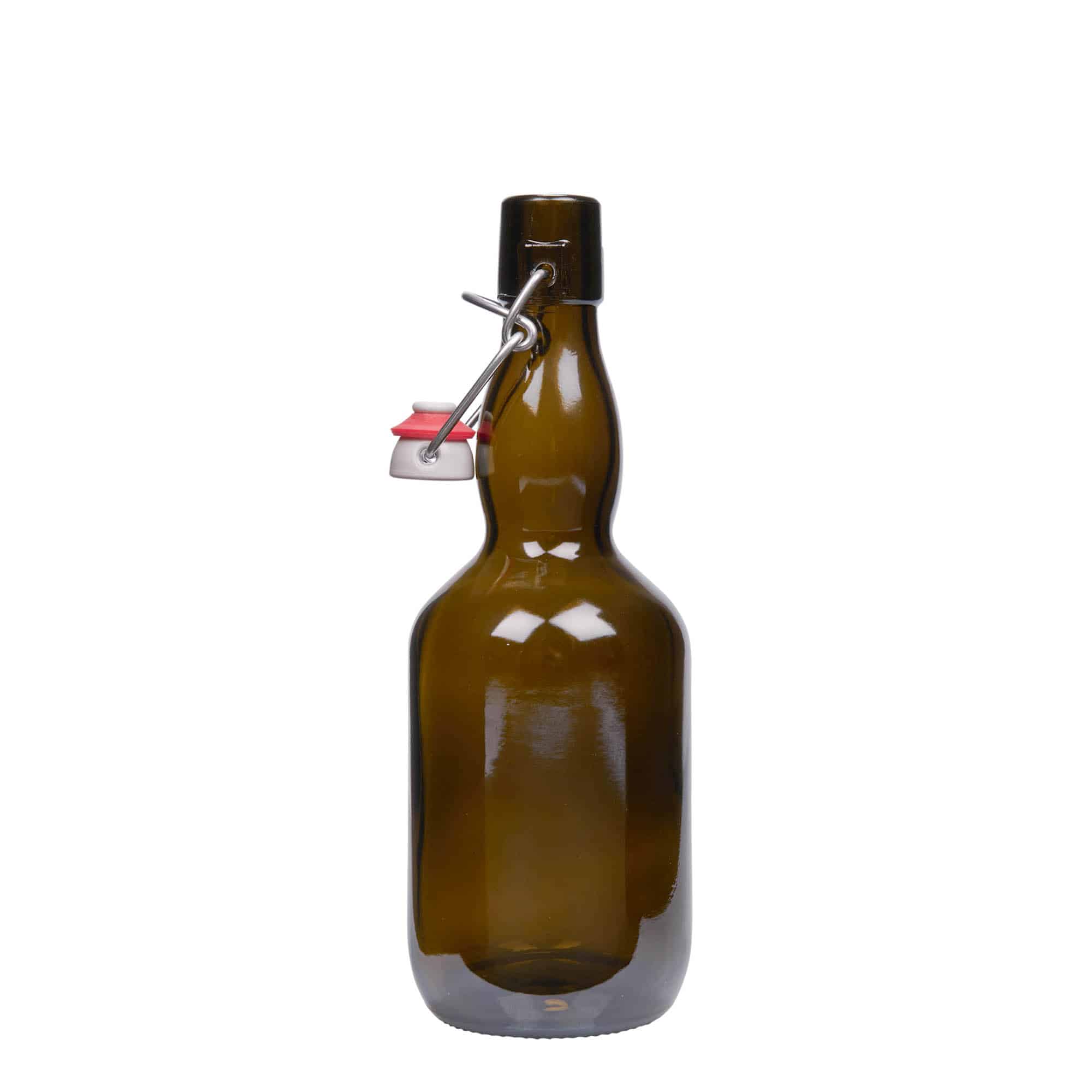 500 ml alus pudele ar kakliņu ādamābola formā, stikla, antīki zaļa, aizdare: korķis ar skavu