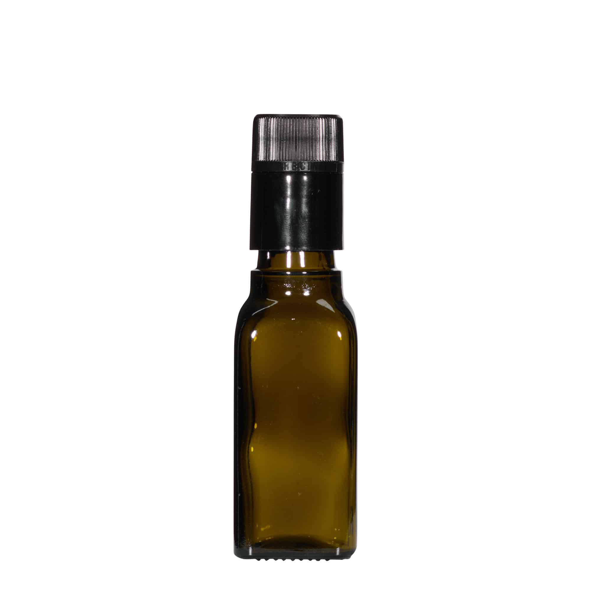 100 ml etiķa/eļļas pudele 'Quadra', stikla, kvadrātiska, antīki zaļa, aizdare: DOP