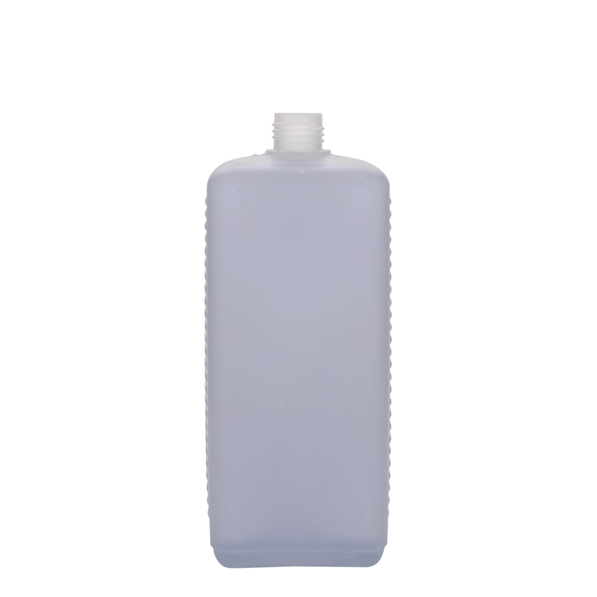 1.000 ml kannveida pudele, taisnstūrveida, HDPE plastmasa, dabīga, atvere: DIN 25 EPE