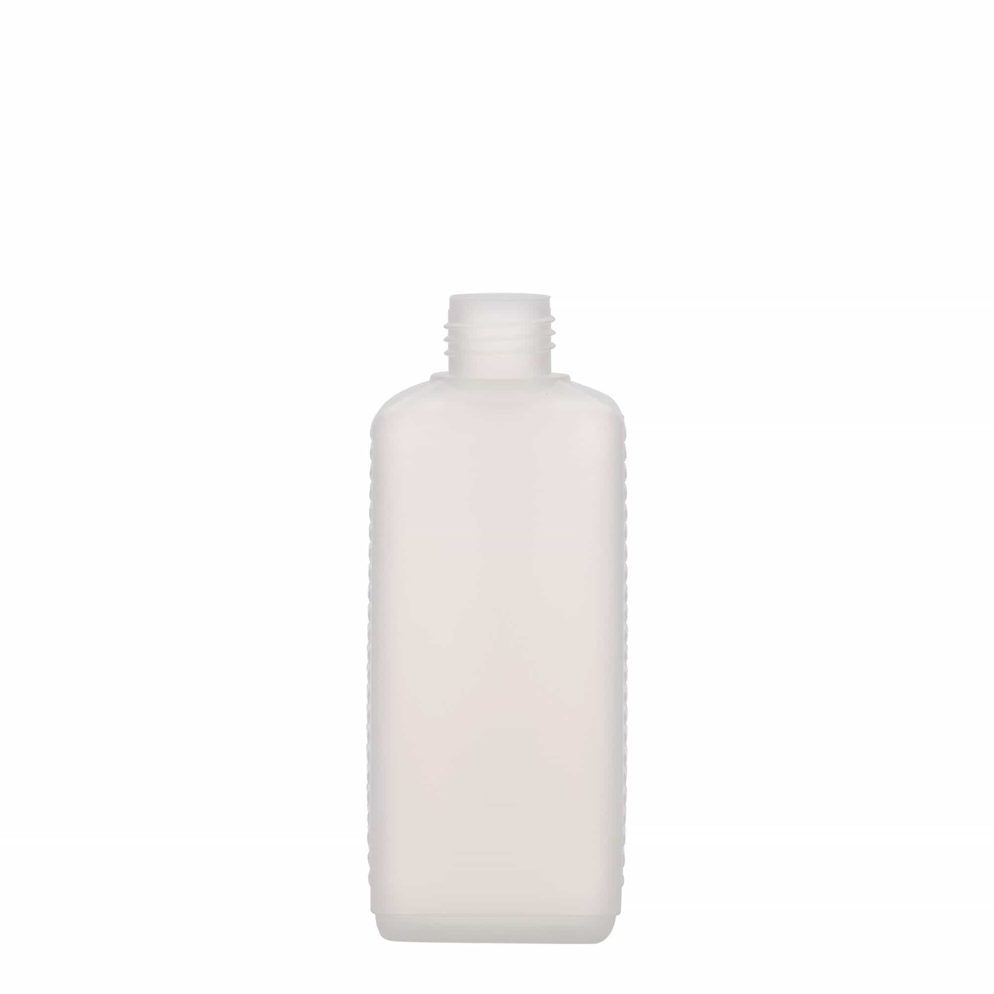 250 ml kanna pudele, taisnstūrveida, HDPE plastmasa, dabīga, atvere: DIN 25 EPE 250 ml kanna pudele, taisnstūrveida, HDPE plastmasa, dabīga, atvere: DIN 25 EPE