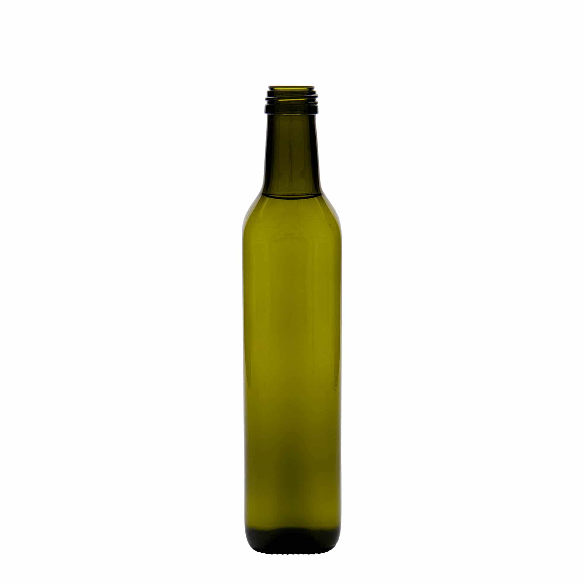 500 ml stikla pudele 'Marasca', kvadrātiska, antīki zaļa, aizdare: PP 31,5