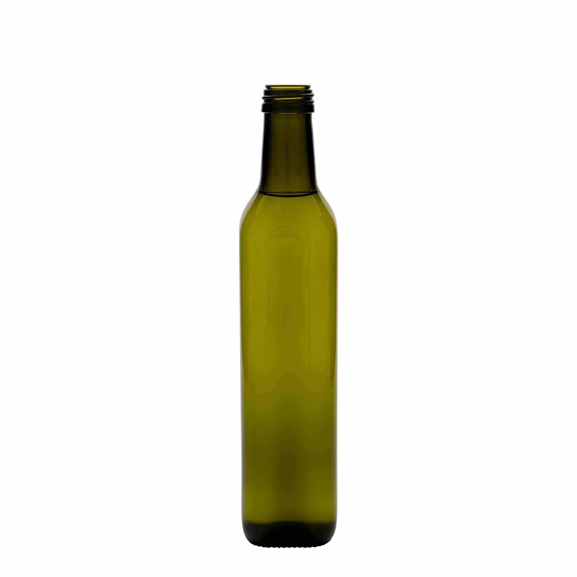 500 ml stikla pudele 'Marasca', kvadrātveida, antīki zaļa, atvere: PP 31,5