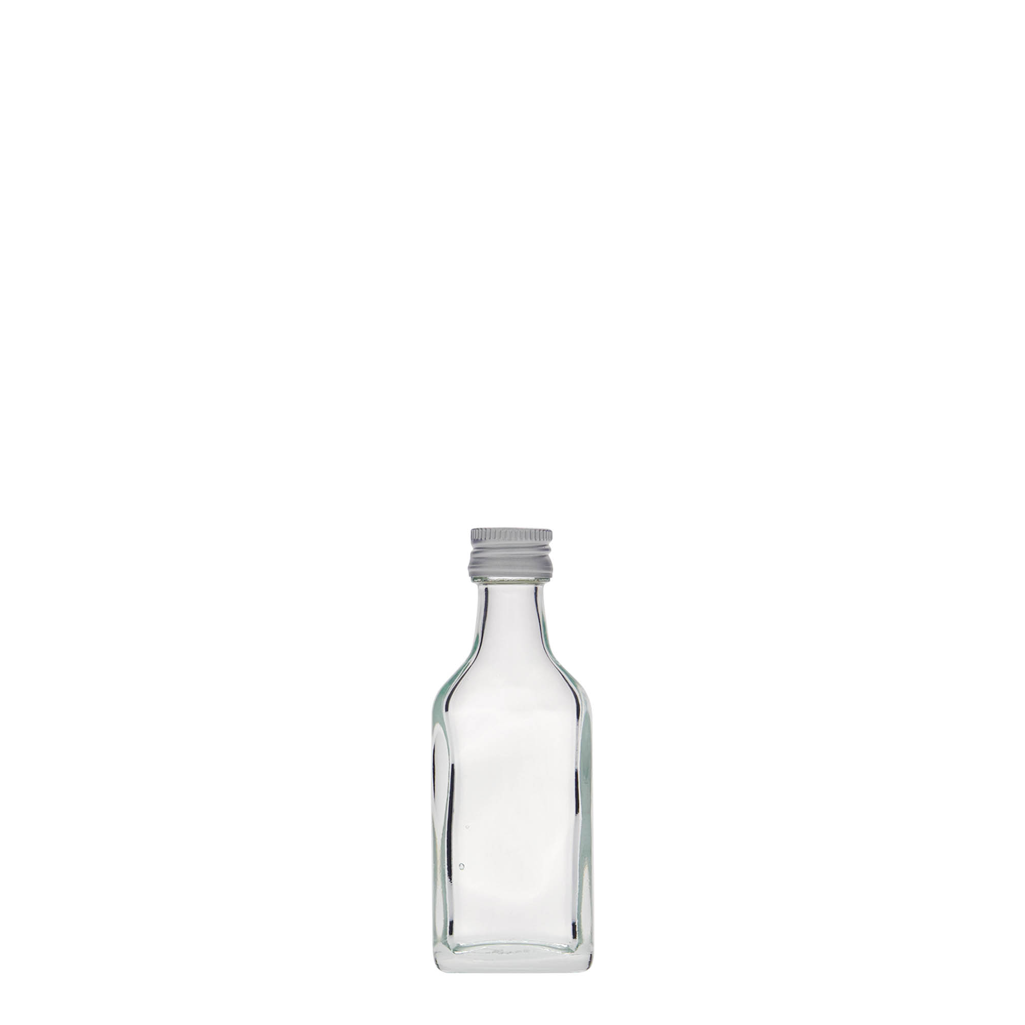 20 ml kabatas pudele, taisnstūrveida, stikls, atvere: PP 18 20 ml kabatas pudele, taisnstūrveida, stikls, atvere: PP 18