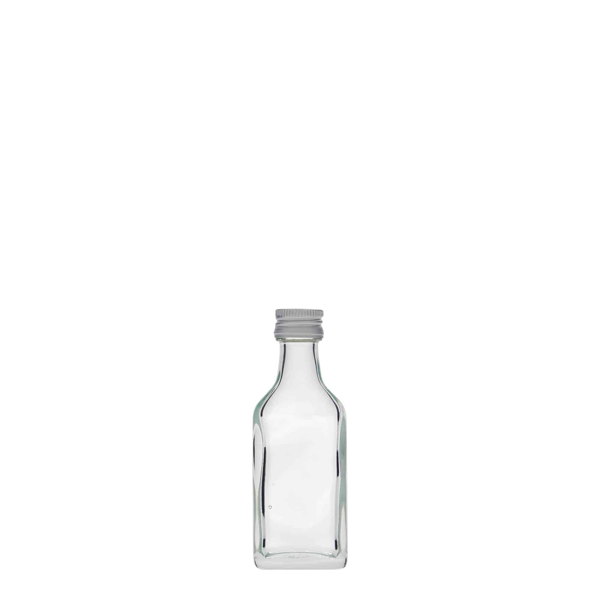 20 ml kabatas pudele, taisnstūrveida, stikls, atvere: PP 18