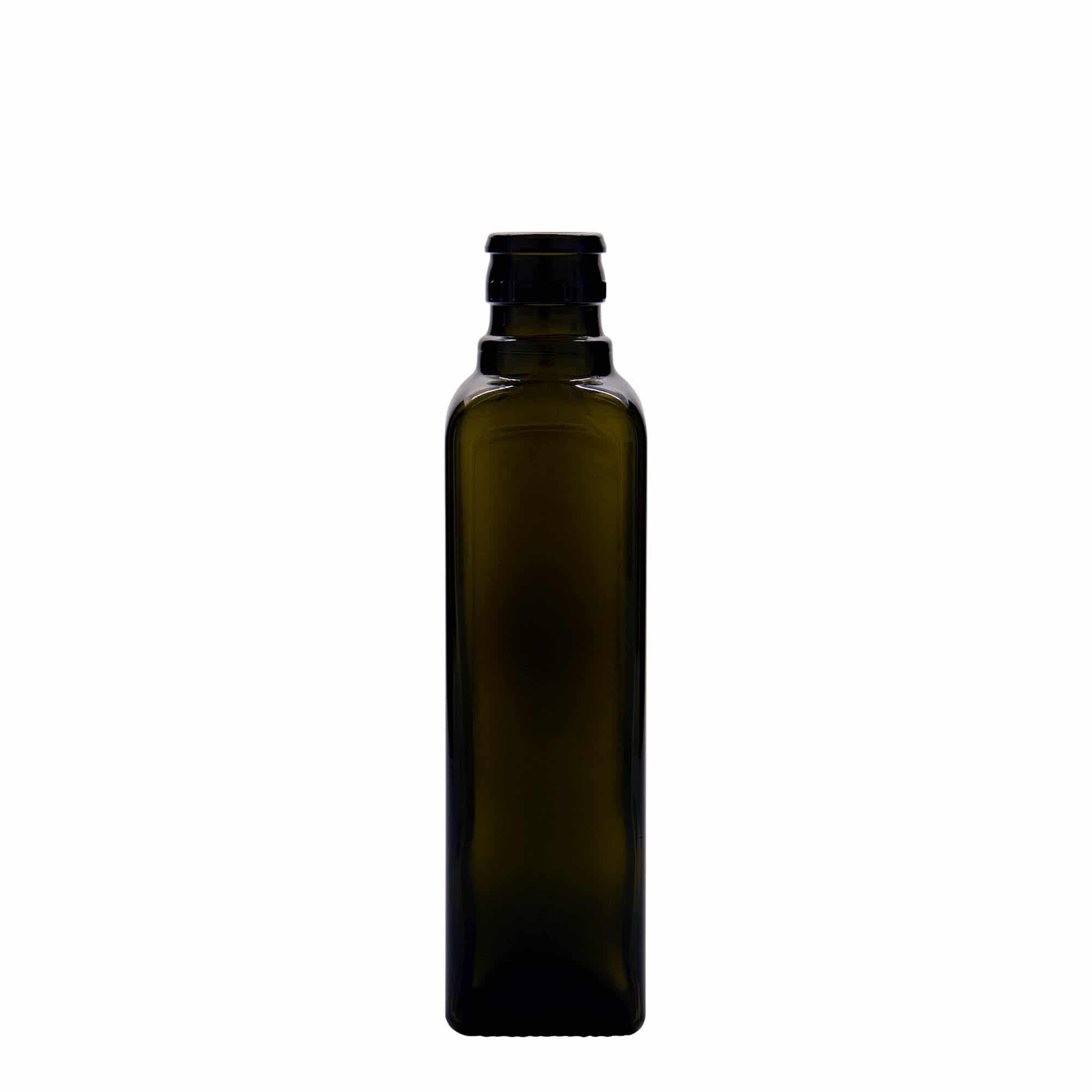 250 ml etiķa/eļļas pudele 'Quadra', stikla, kvadrātiska, antīki zaļa, aizdare: DOP 250 ml etiķa/eļļas pudele 'Quadra', stikla, kvadrātiska, antīki zaļa, aizdare: DOP