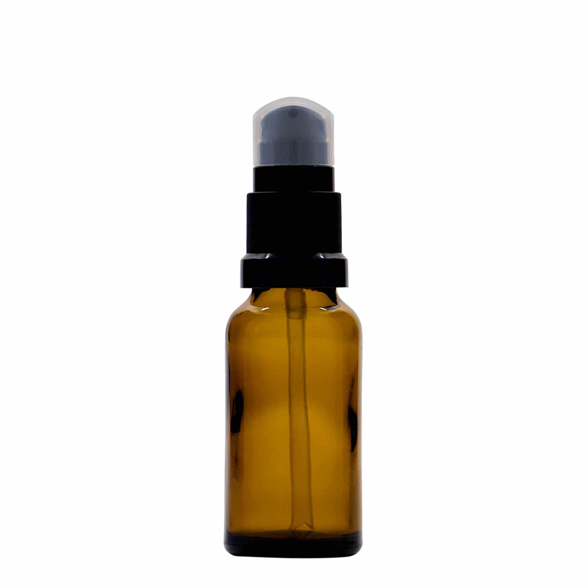 20 ml zāļu pudelīte ar losjona pumpīti, stikla, brūna, aizdare: DIN 18 20 ml zāļu pudelīte ar losjona pumpīti, stikla, brūna, aizdare: DIN 18