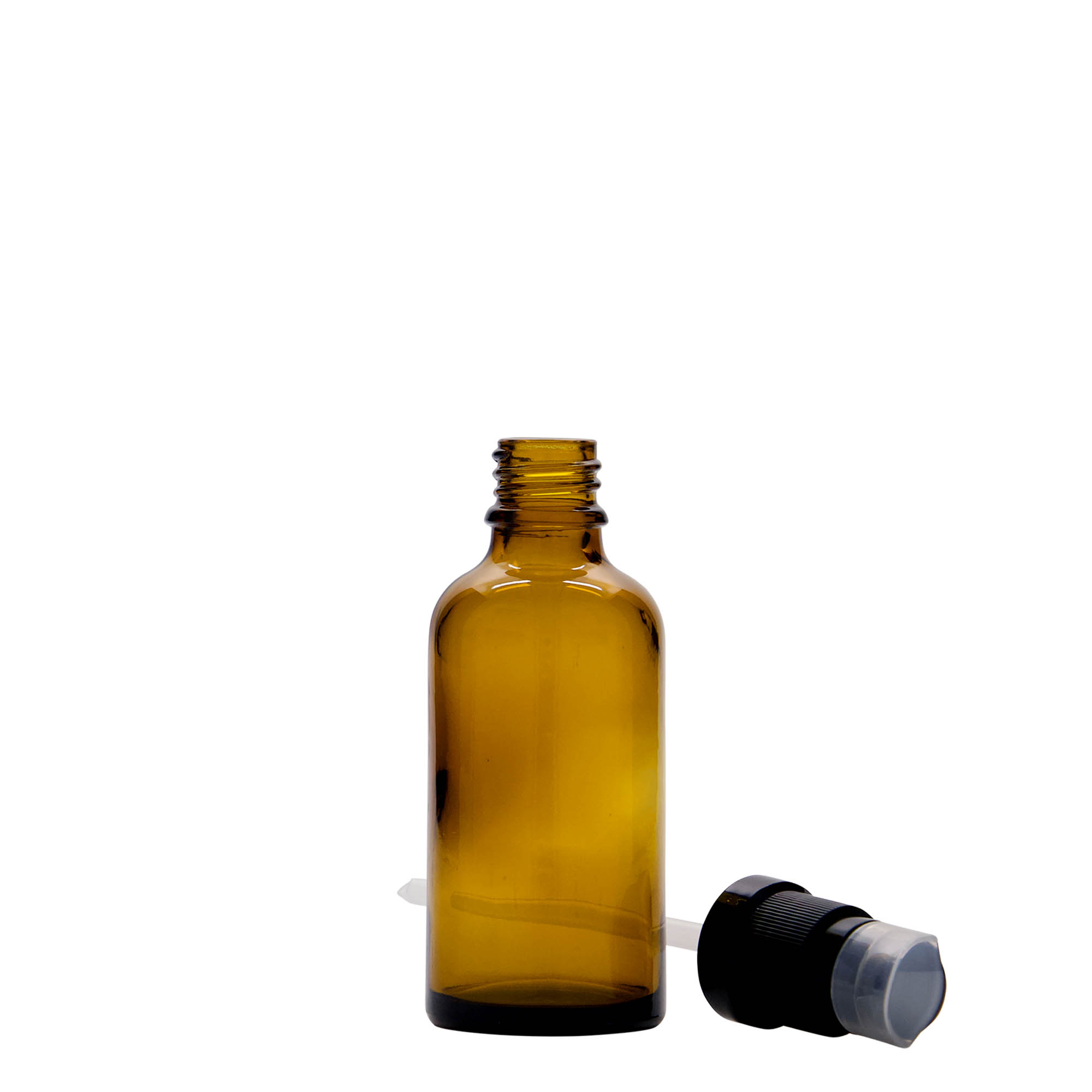 50 ml medicīnas pudelīte ar losjona sūkni, stikls, brūna, atvere: DIN 18