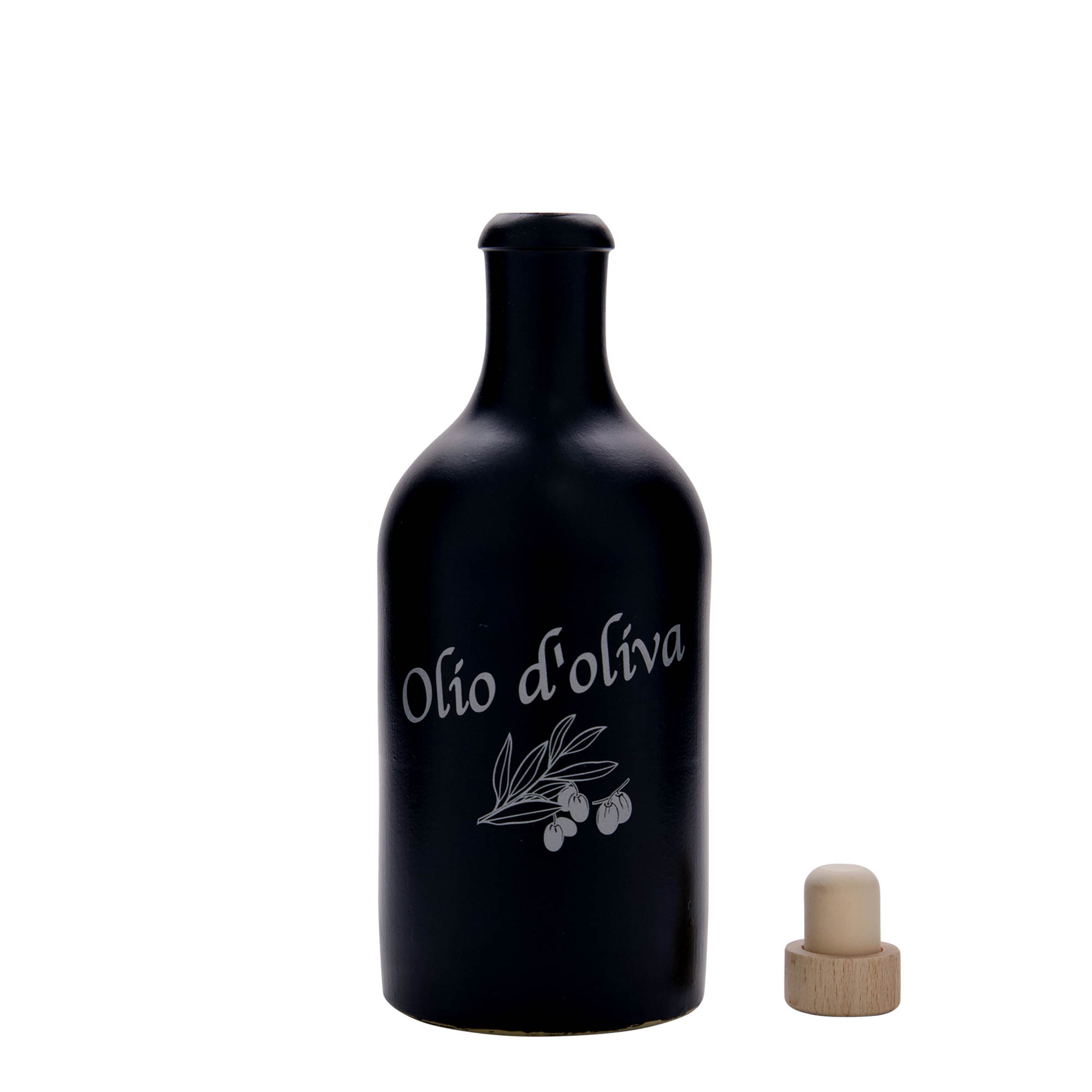 500 ml māla krūze, motīvs: Olio d'Oliva, akmens trauks, melna, atvere: korķis 500 ml māla krūze, motīvs: Olio d'Oliva, akmens trauks, melna, atvere: korķis