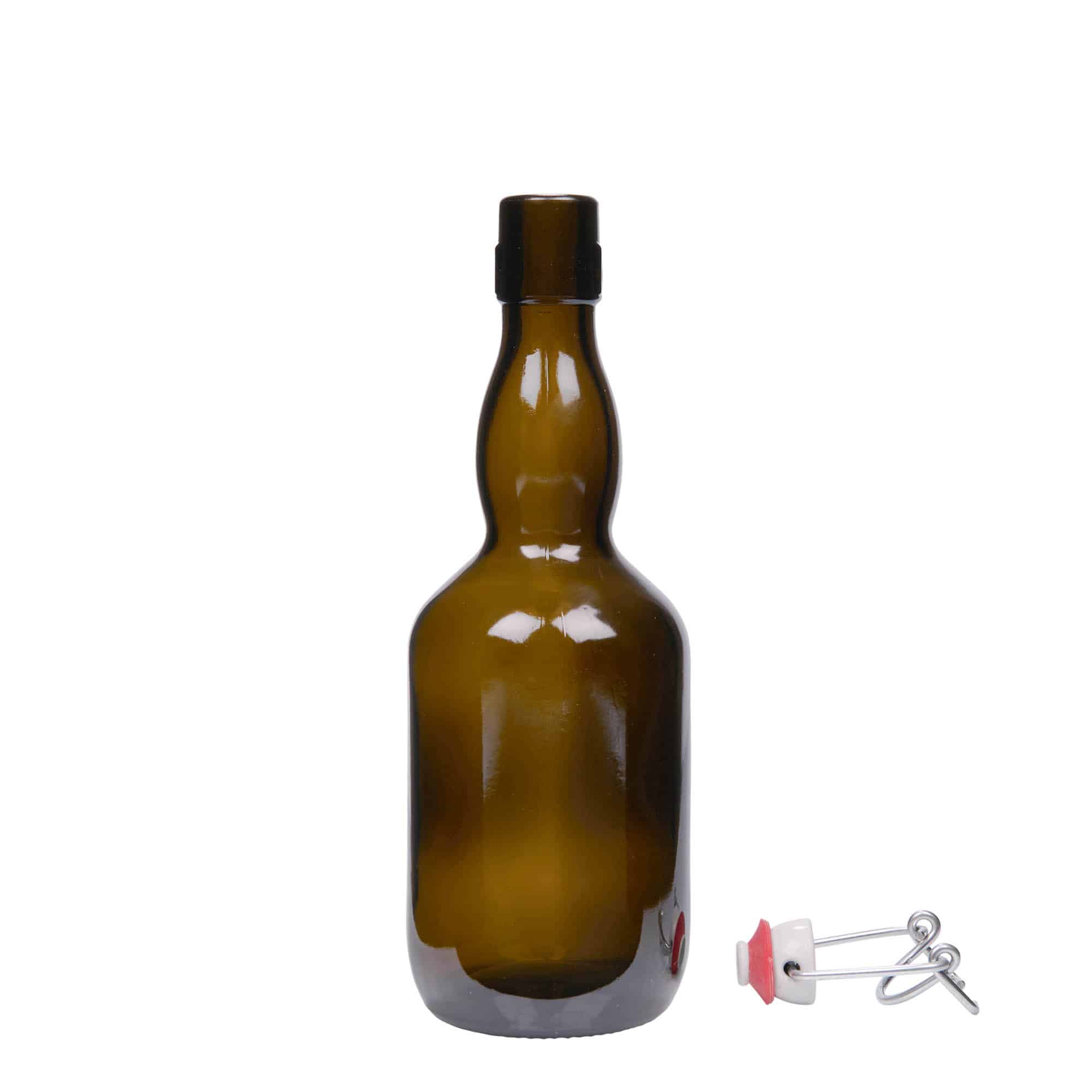 500 ml alus pudele ar kakliņu ādamābola formā, stikla, antīki zaļa, aizdare: korķis ar skavu