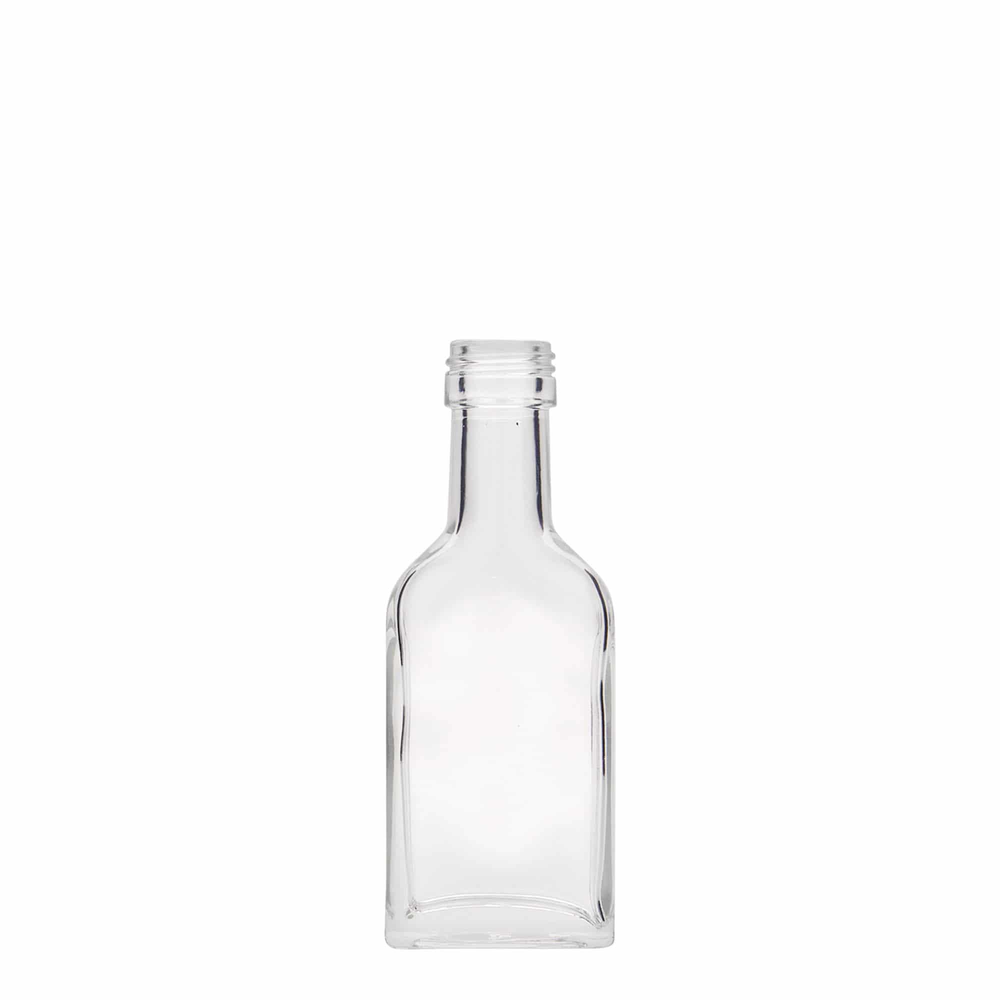 40 ml kabatas pudele ar garu kaklu, taisnstūrveida, stikls, atvere: PP 22