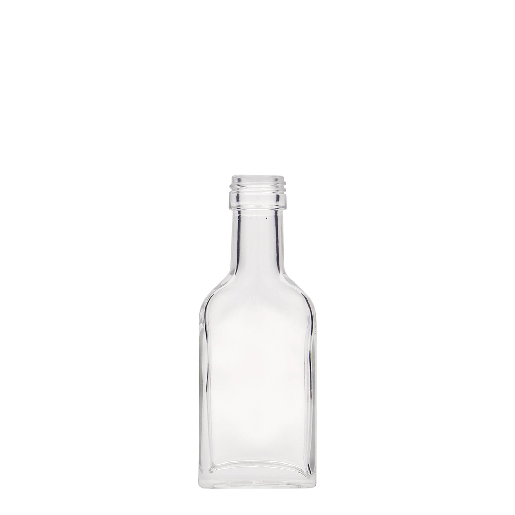 40 ml kabatas pudele ar garu kaklu, taisnstūrveida, stikls, atvere: PP 22 40 ml kabatas pudele ar garu kaklu, taisnstūrveida, stikls, atvere: PP 22