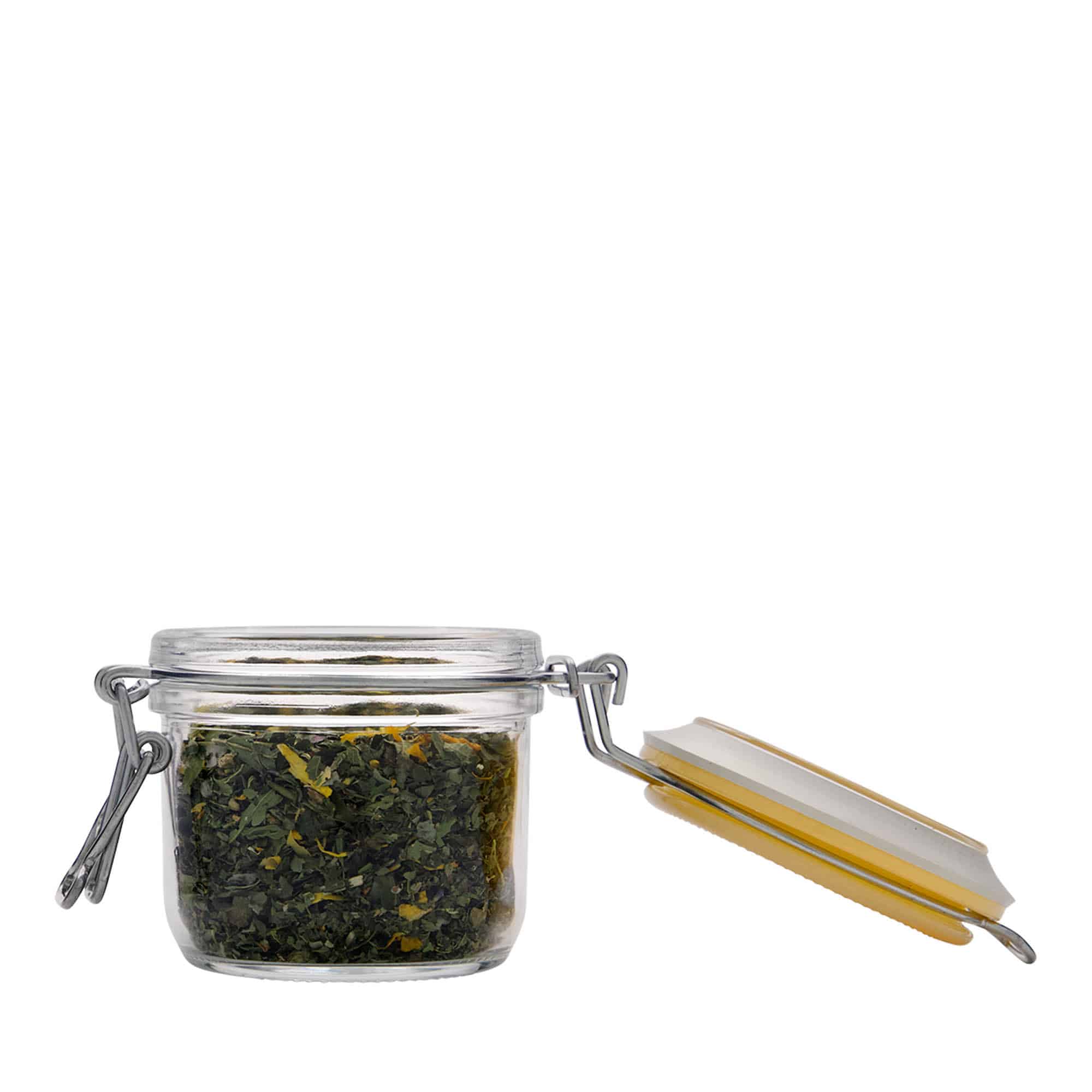 200 ml stiklaina burka ar metāla aizdari 'Fido', dzeltena, atvere: metāla aizdare ar stiepli