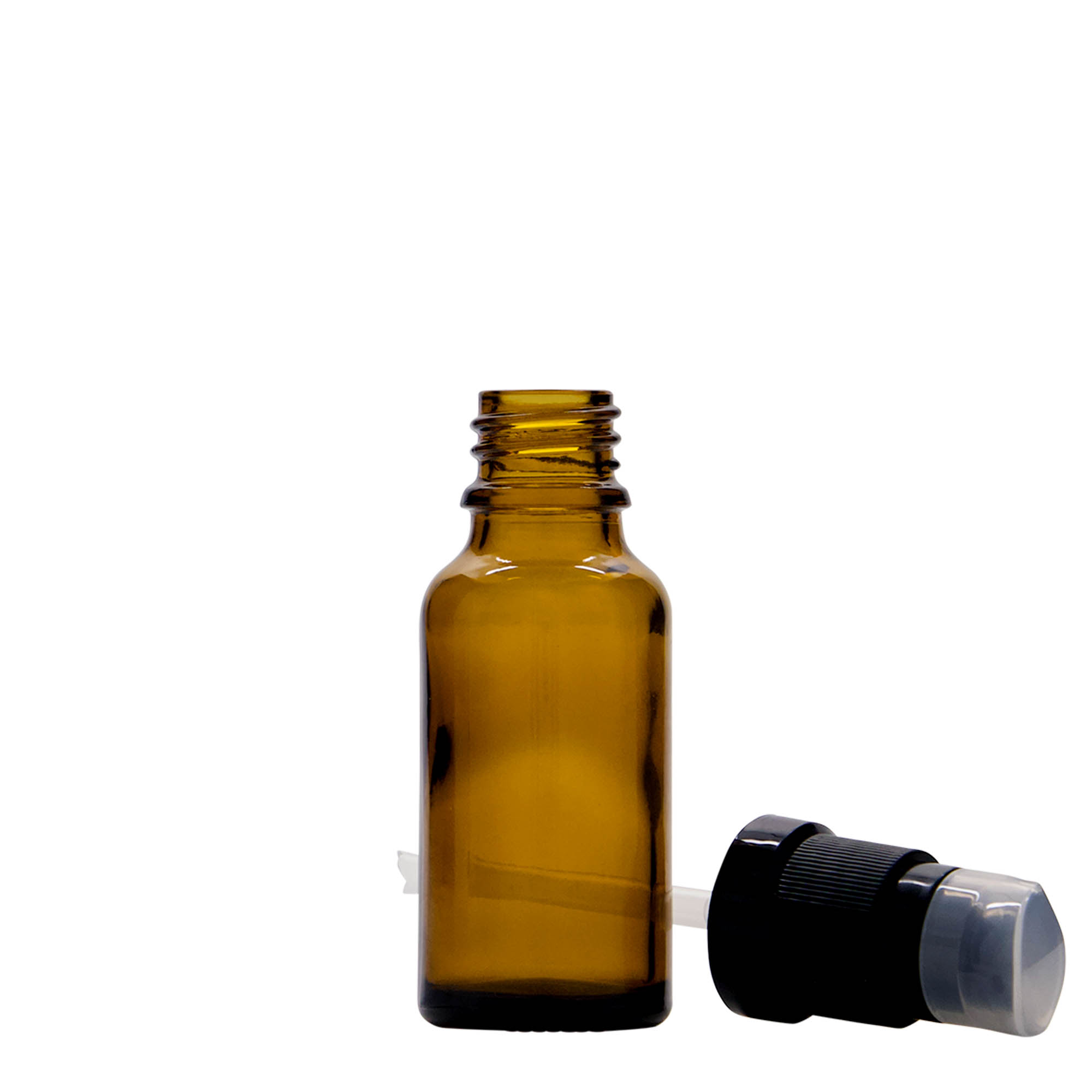 20 ml medicīnas pudele ar losjona sūkni, stikls, brūns, atvere: DIN 18