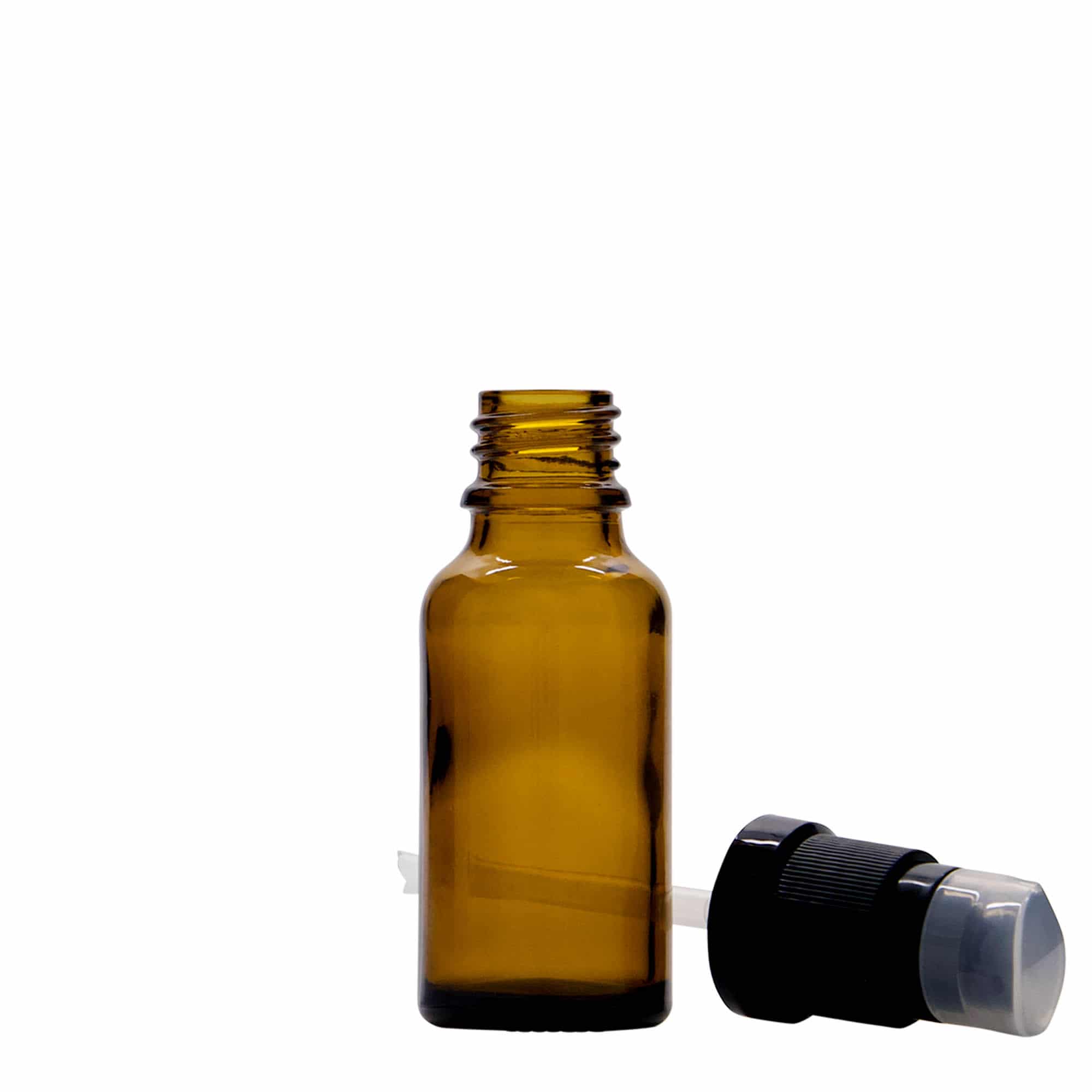 20 ml medicīnas pudele ar losjona sūkni, stikls, brūns, atvere: DIN 18