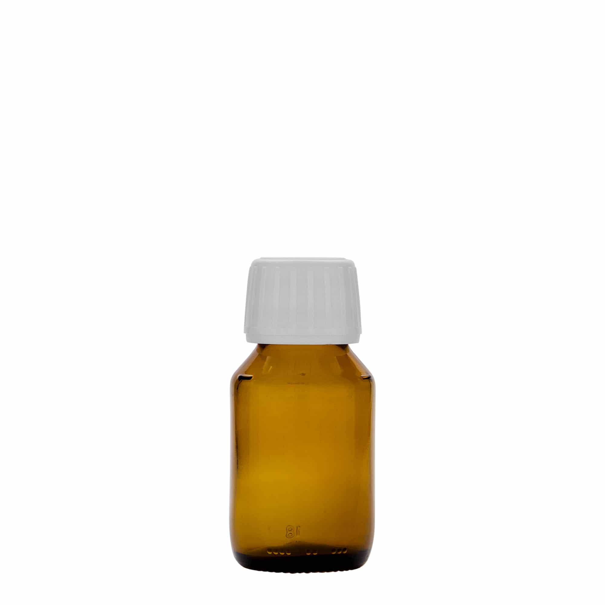 50 ml medicīnas pudele, brūna, stikls, atvere: PP 28