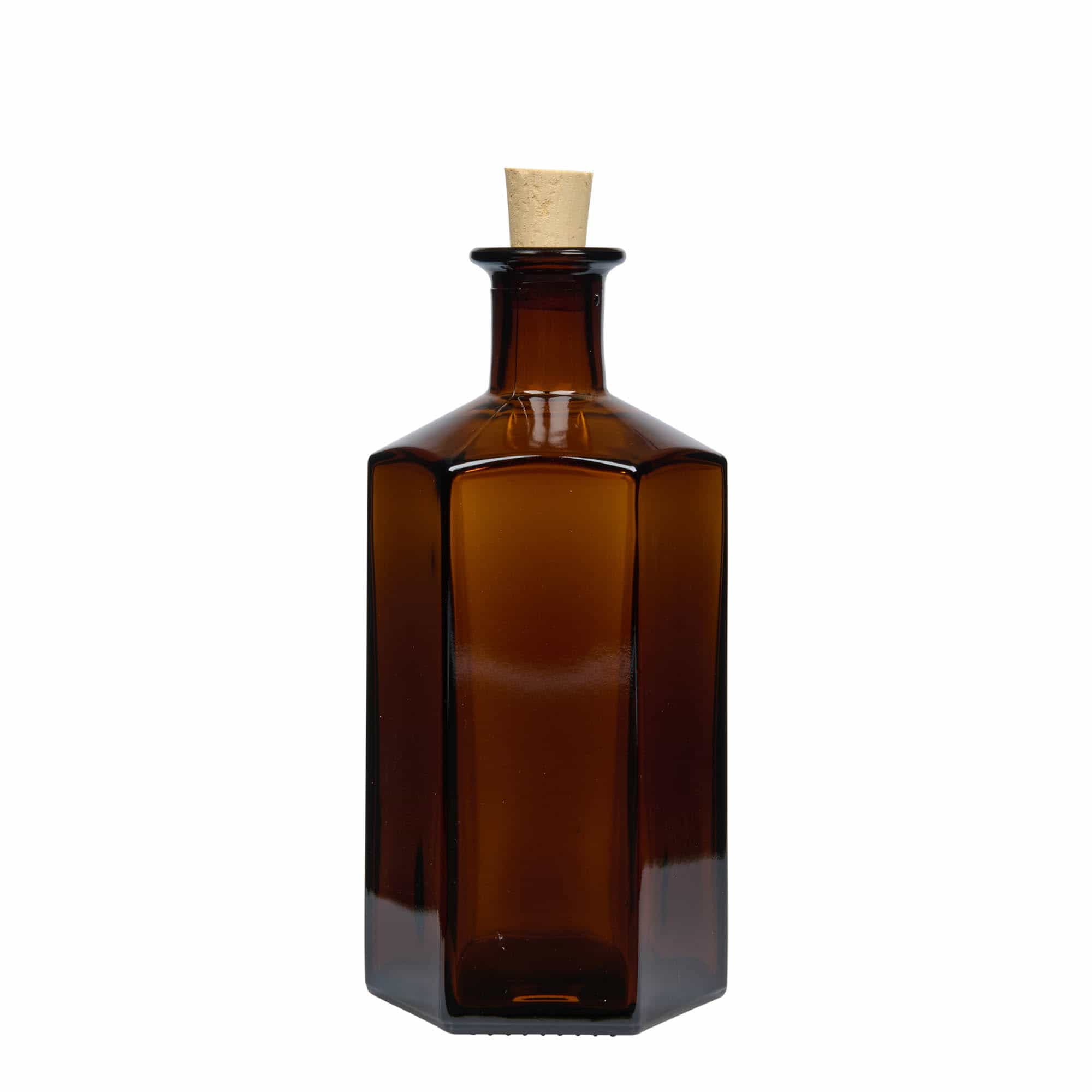 500 ml stikla pudele Apothecary 'Jimmy'. sešstūra formas. brūna. Augstums: korķis