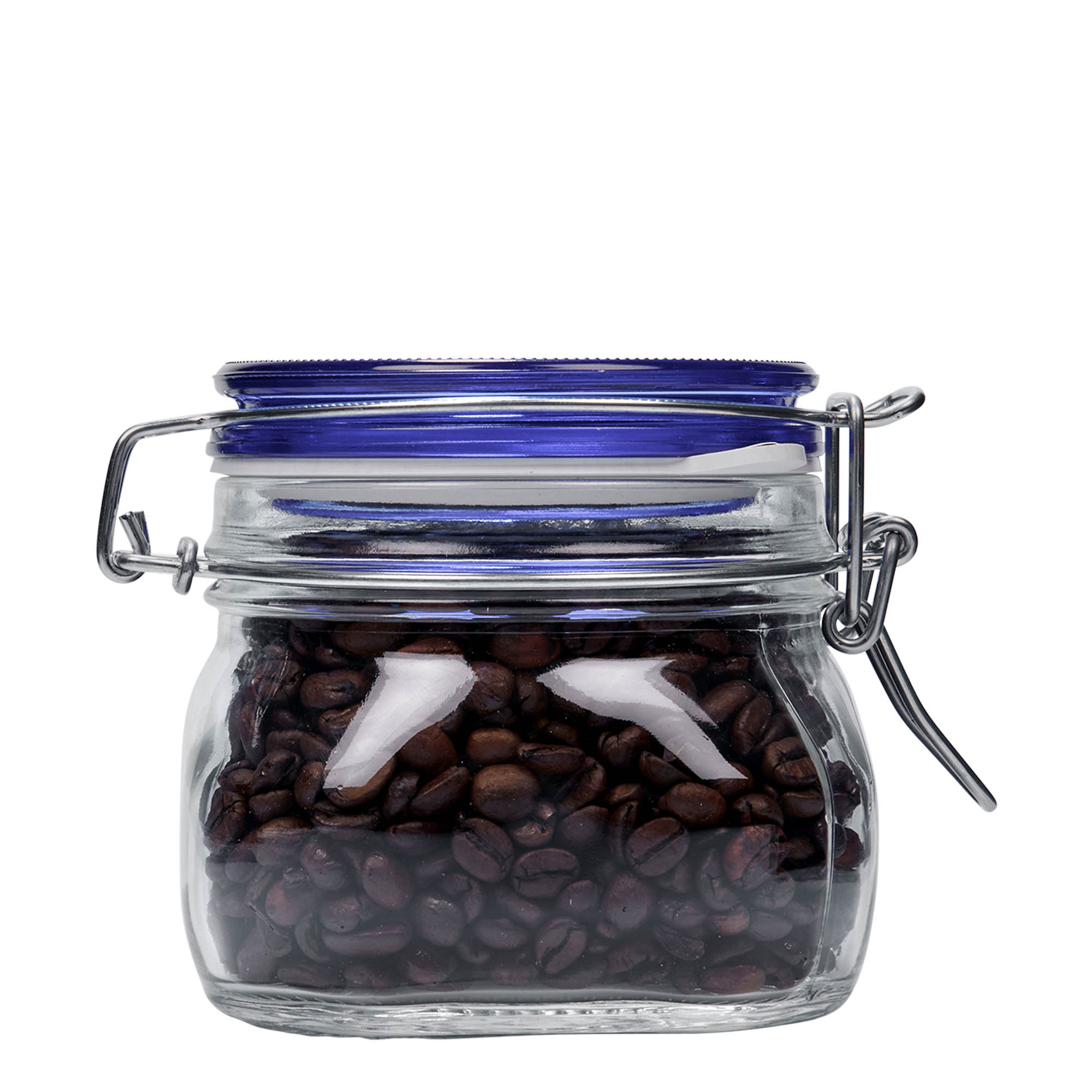 500 ml stiklaina burka ar metāla aizdari 'Fido' zils vāciņš, kvadrātveida, atvere: metāla aizdare ar stiepli