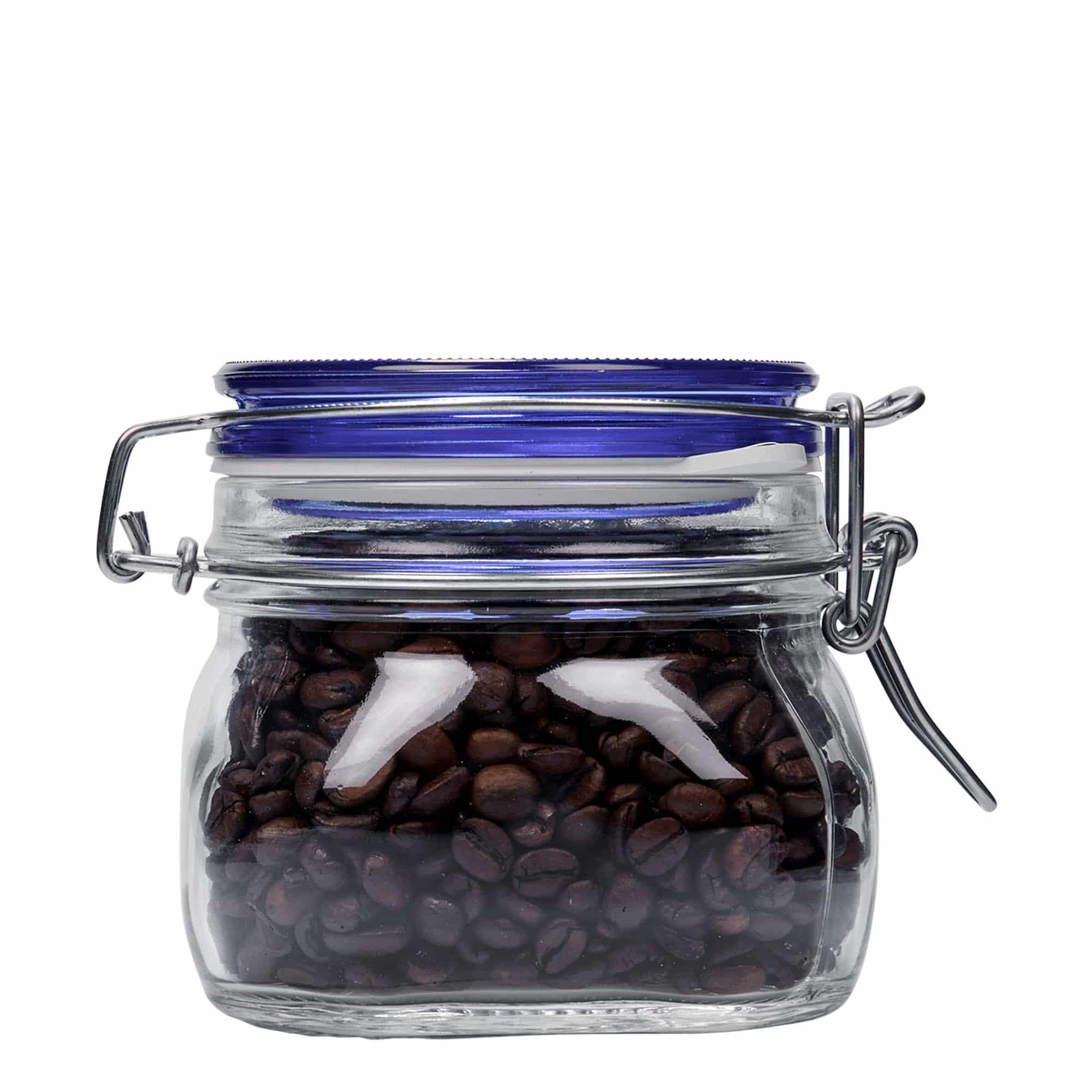 500 ml stiklaina burka ar metāla aizdari 'Fido' zils vāciņš, kvadrātveida, atvere: metāla aizdare ar stiepli