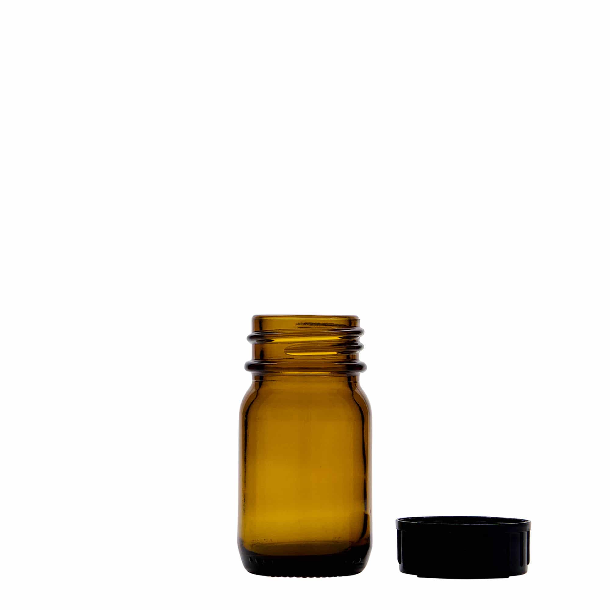 30 ml plaša kakla stikla trauks, brūns, atvere: DIN 32