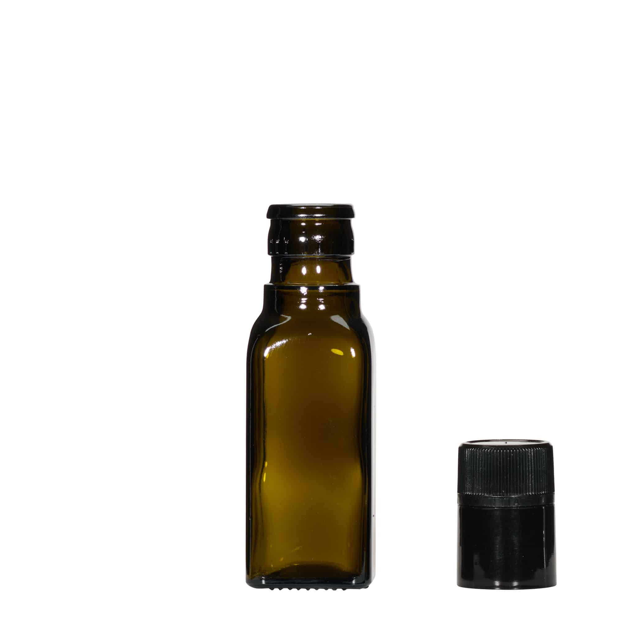 100 ml etiķa/eļļas pudele 'Quadra', stikla, kvadrātiska, antīki zaļa, aizdare: DOP