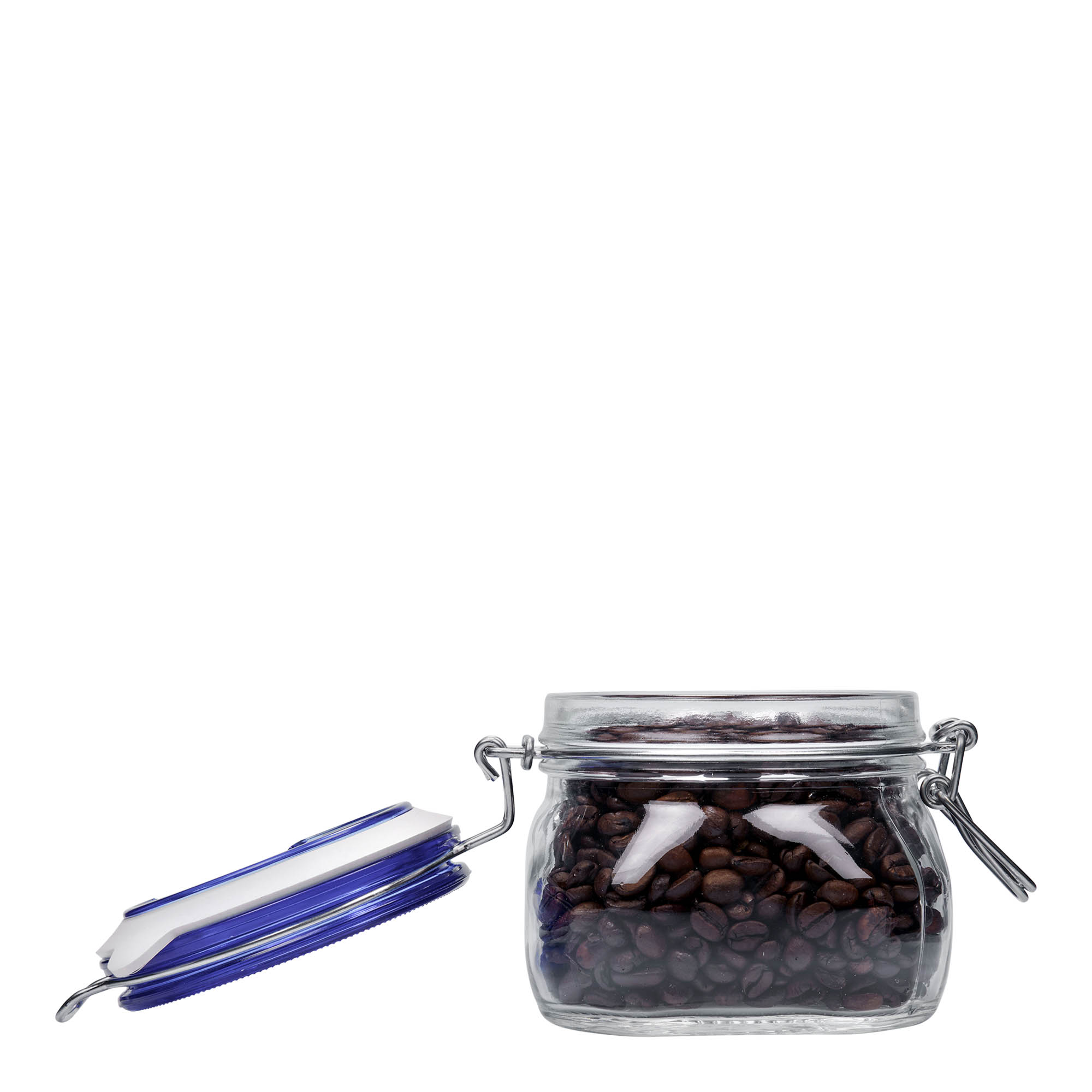 500 ml stiklaina burka ar metāla aizdari 'Fido' zils vāciņš, kvadrātveida, atvere: metāla aizdare ar stiepli