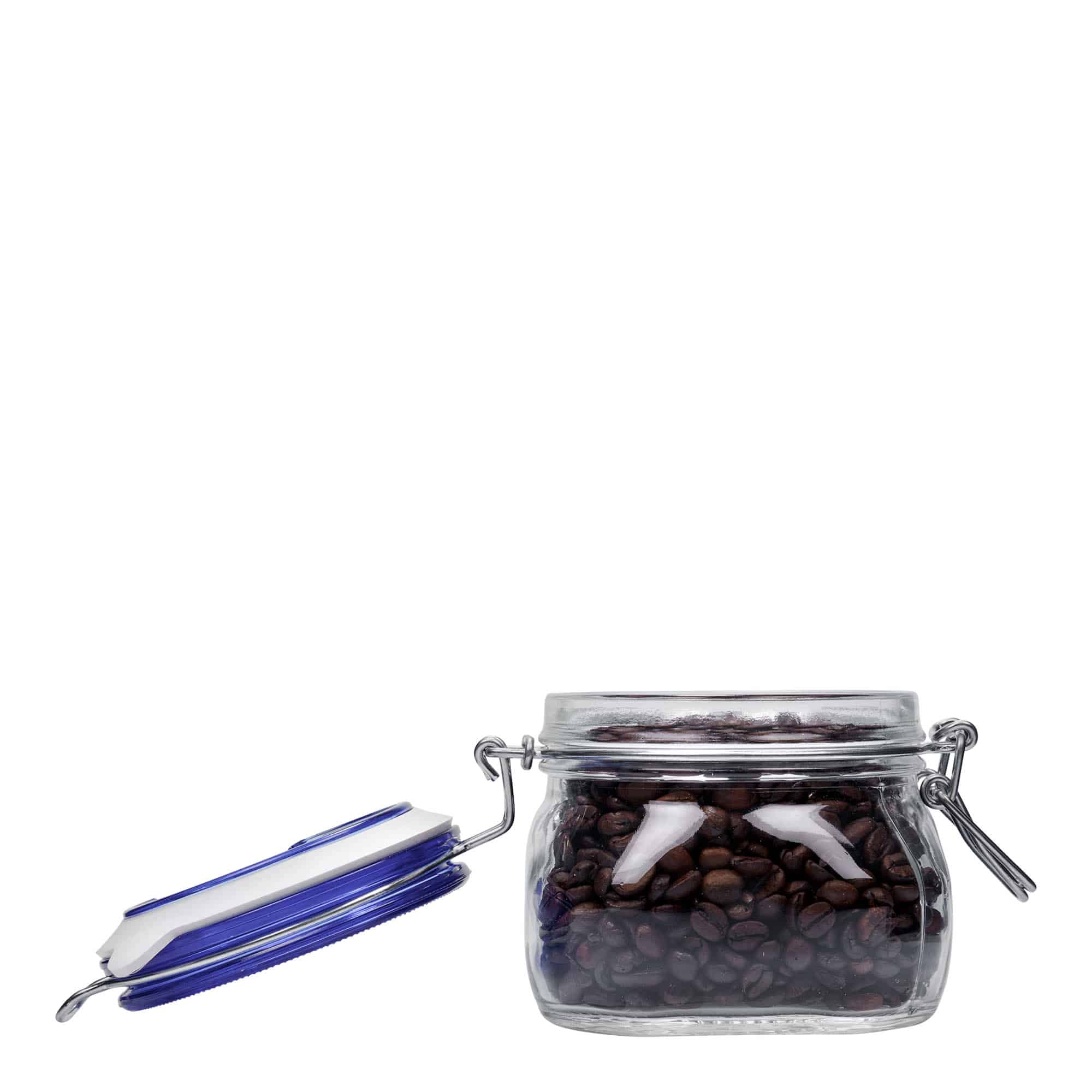 500 ml stiklaina burka ar metāla aizdari 'Fido' zils vāciņš, kvadrātveida, atvere: metāla aizdare ar stiepli