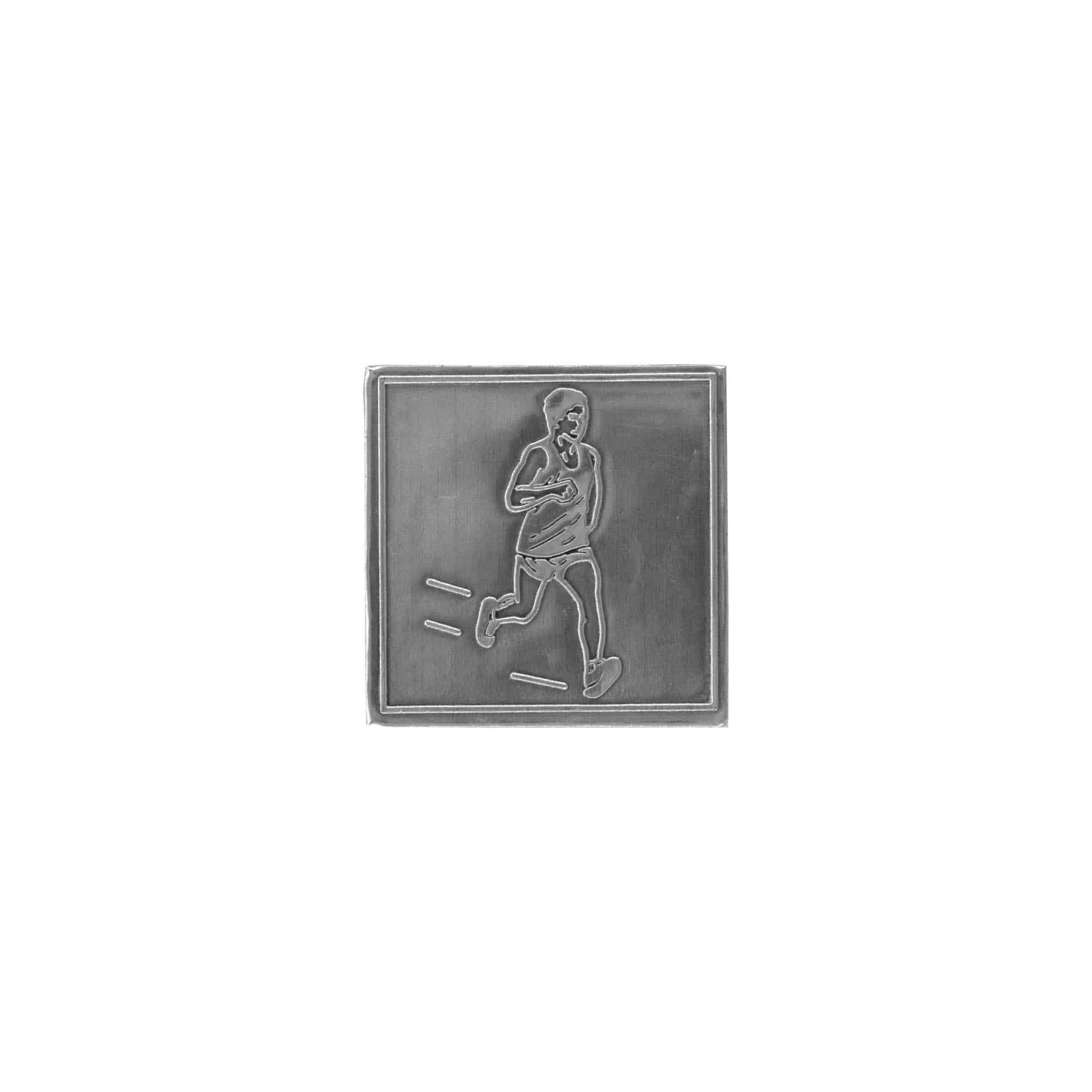 Alvas etiķete 'Skrējējs', kvadrātiska, metāla, sudraba Alvas etiķete 'Skrējējs', kvadrātiska, metāla, sudraba