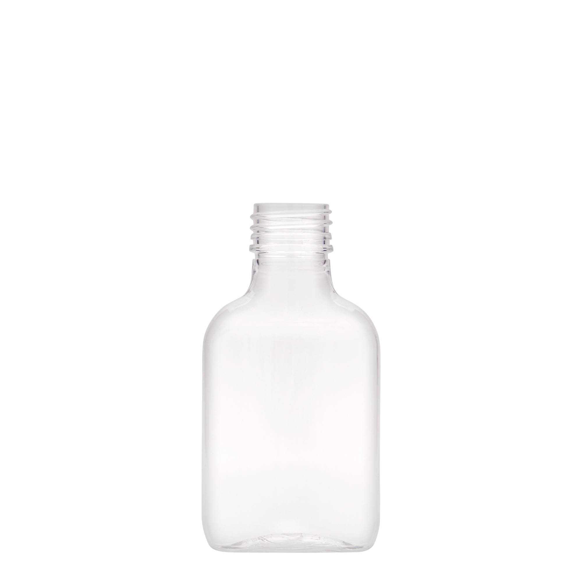 100 ml kabatas pudele, ovāla, PET plastmasa, atvere: PP 28 100 ml kabatas pudele, ovāla, PET plastmasa, atvere: PP 28