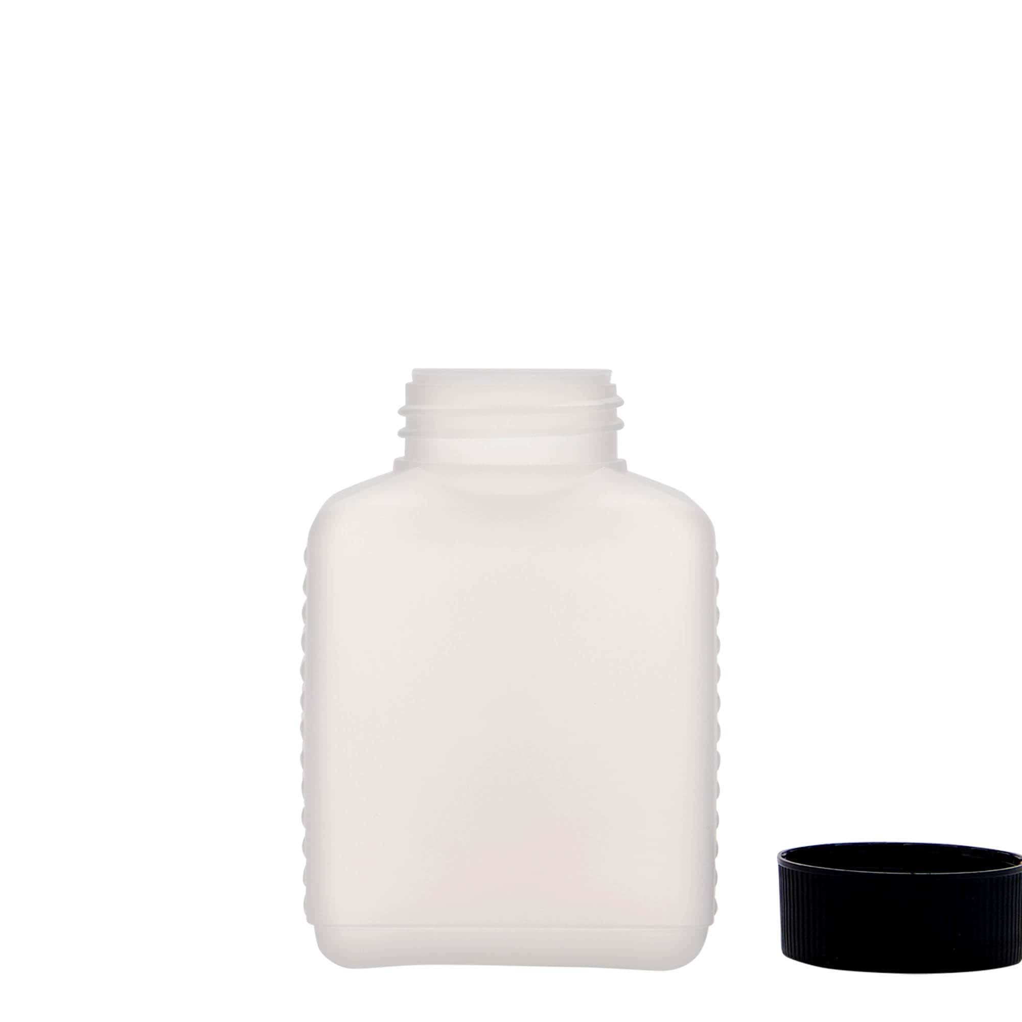 250 ml pudele ar paplašinātu kakliņu, taisnstūra, HDPE plastmasas, dabīga, aizdare: DIN 40 EPE
