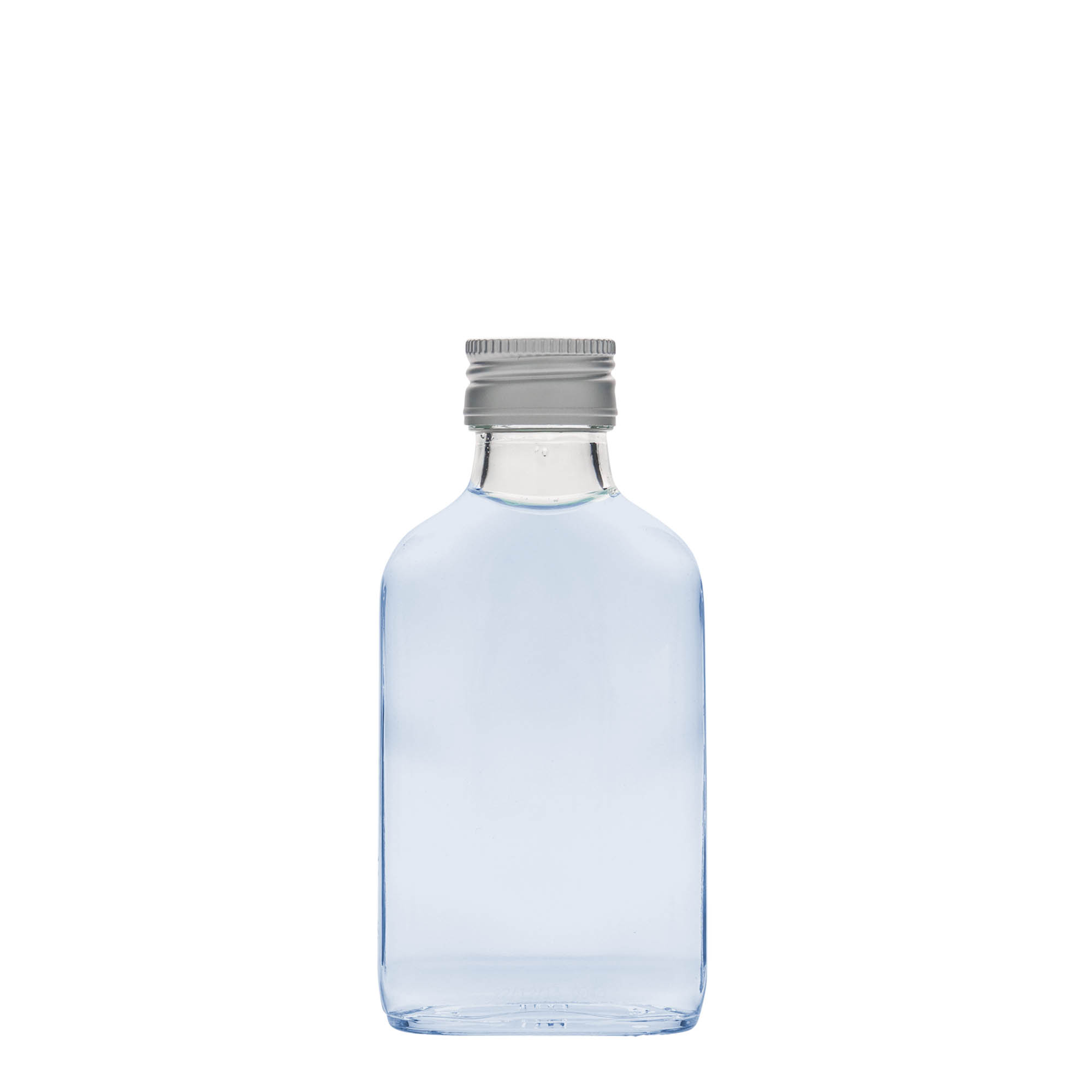 100 ml kabatas pudele, taisnstūrveida, stikls, atvere: PP 28 100 ml kabatas pudele, taisnstūrveida, stikls, atvere: PP 28