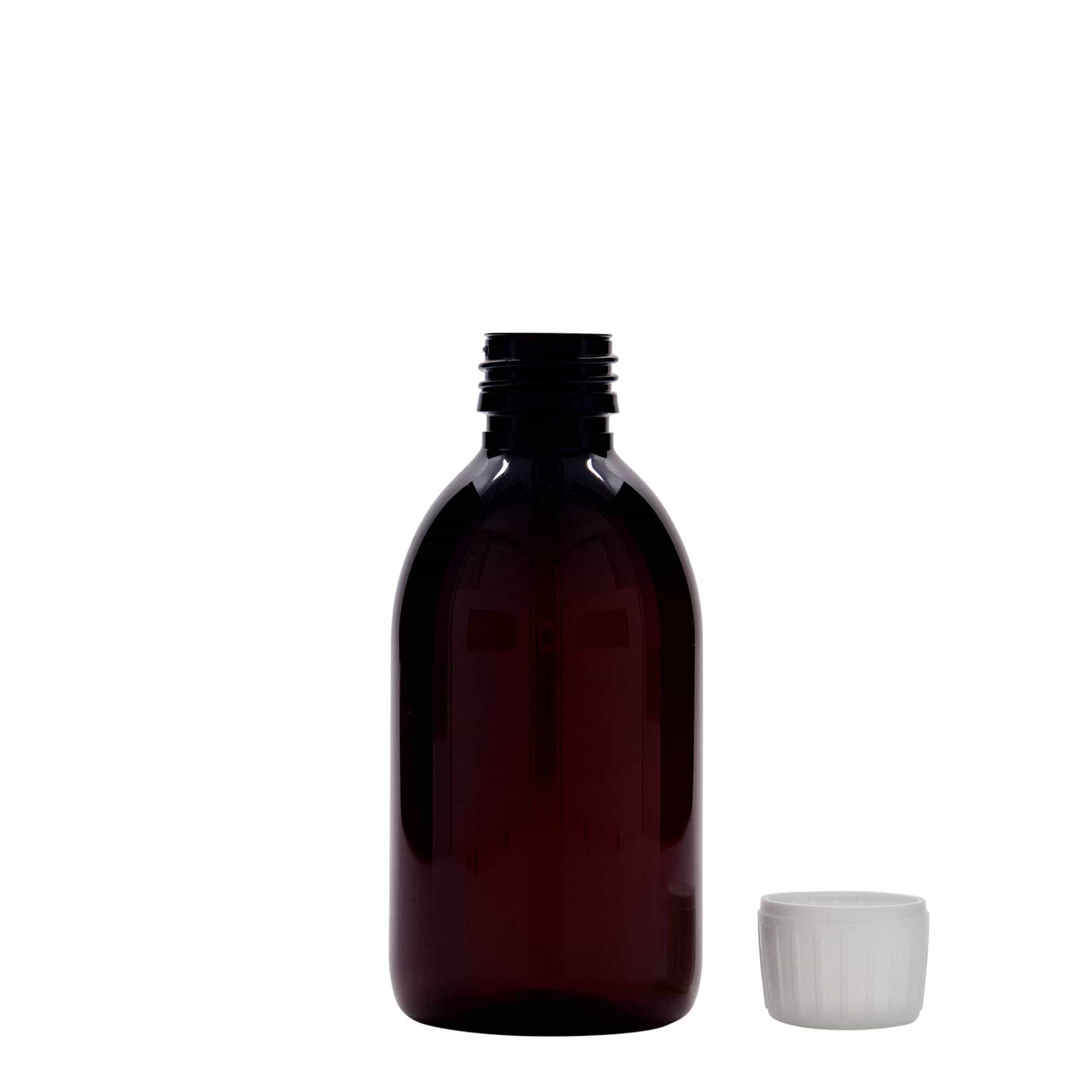250 ml PET zāļu pudelīte, brūna, plastmasas, aizdare: PP 28