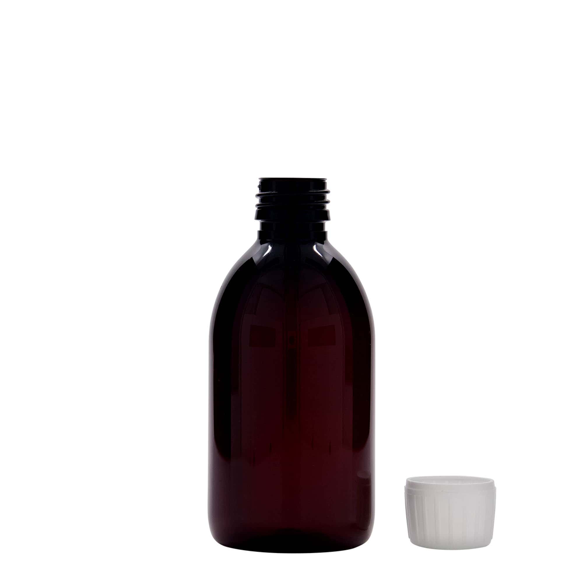 250 ml PET medicīnas pudele, brūna, plastmasa, atvere: PP 28