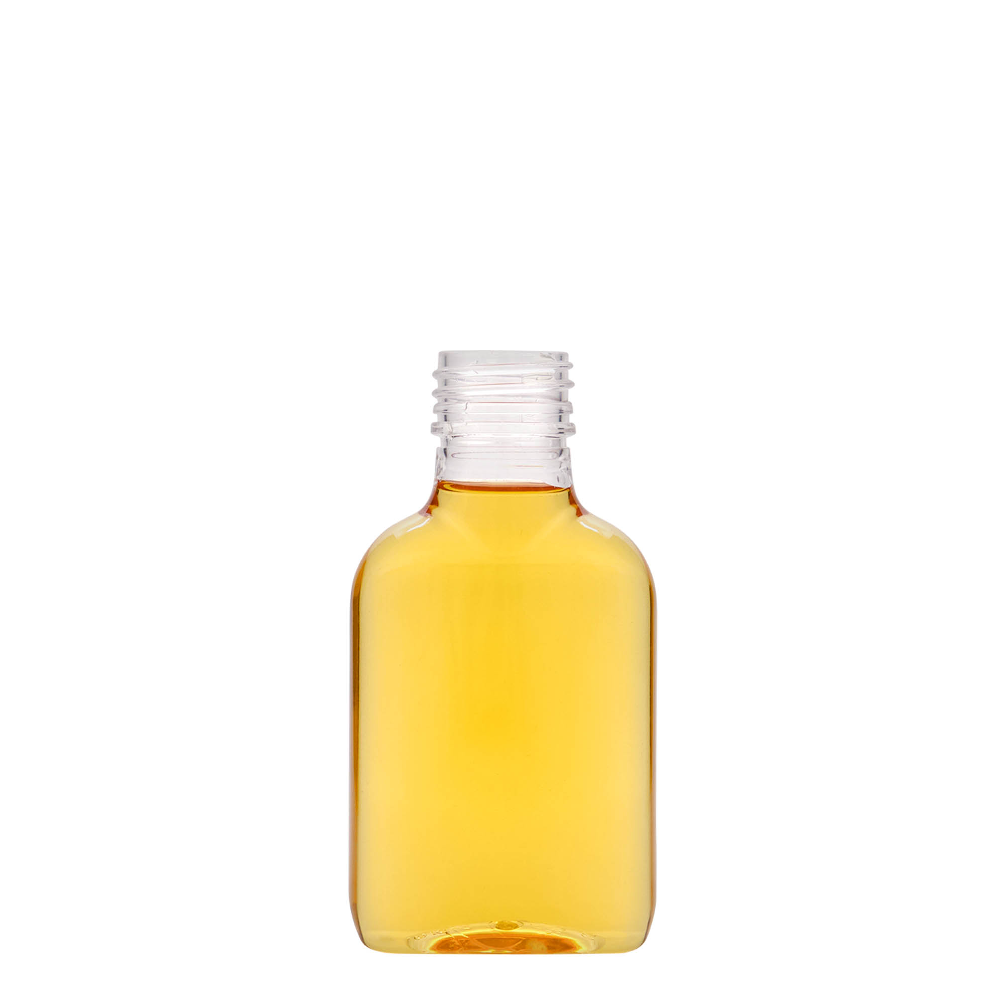 100 ml kabatas pudele, ovāla, PET plastmasa, atvere: PP 28