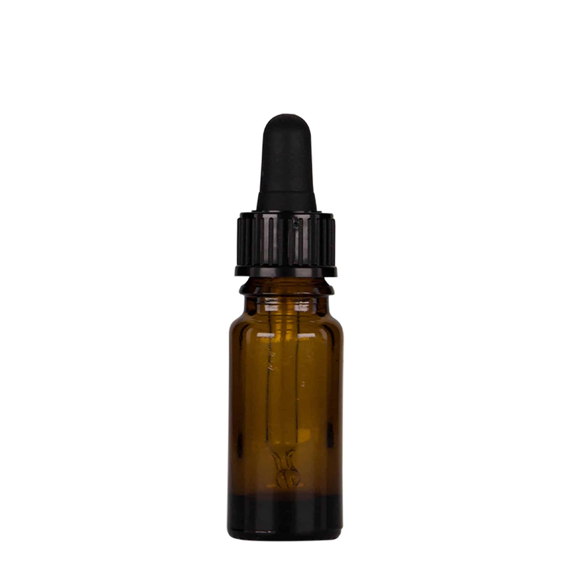 10 ml zāļu pudelīte ar pipeti, stikla, brūna/melna, aizdare: DIN 18 10 ml zāļu pudelīte ar pipeti, stikla, brūna/melna, aizdare: DIN 18