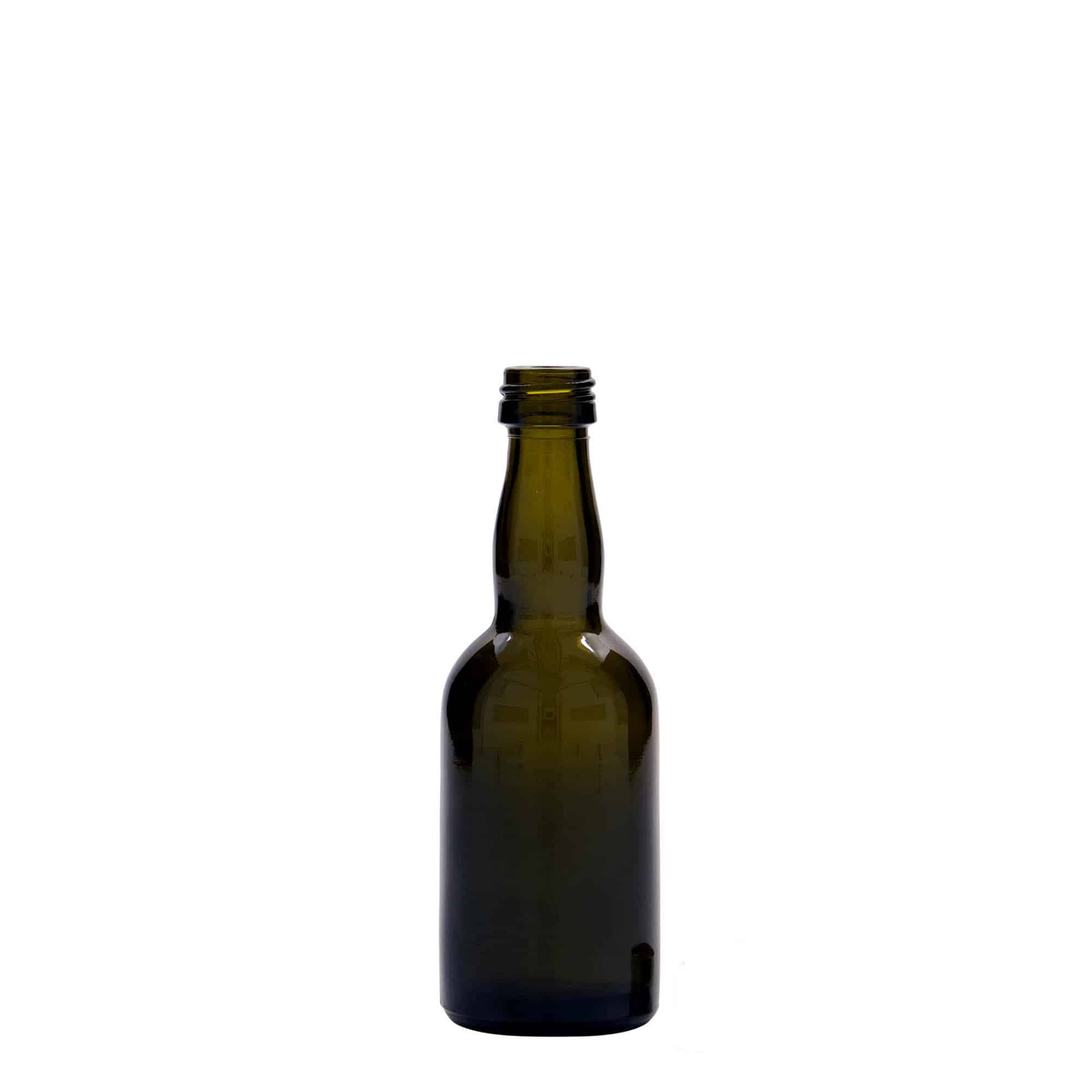 50 ml stikla pudele 'Proba', antīki zaļa, aizdare: PP 18 50 ml stikla pudele 'Proba', antīki zaļa, aizdare: PP 18
