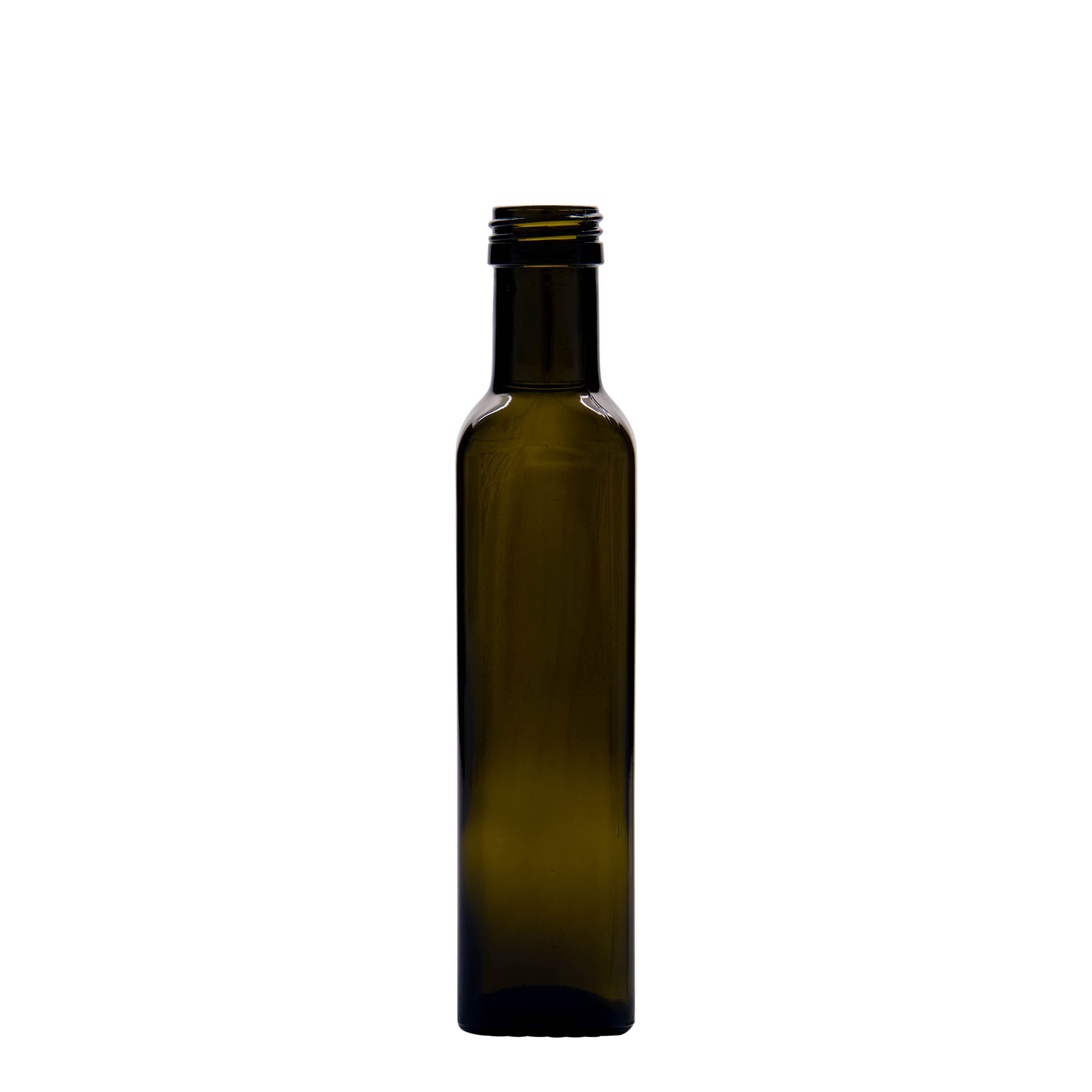 250 ml stikla pudele 'Marasca', kvadrātveida, antīkzaļa, atvere: PP 31,5