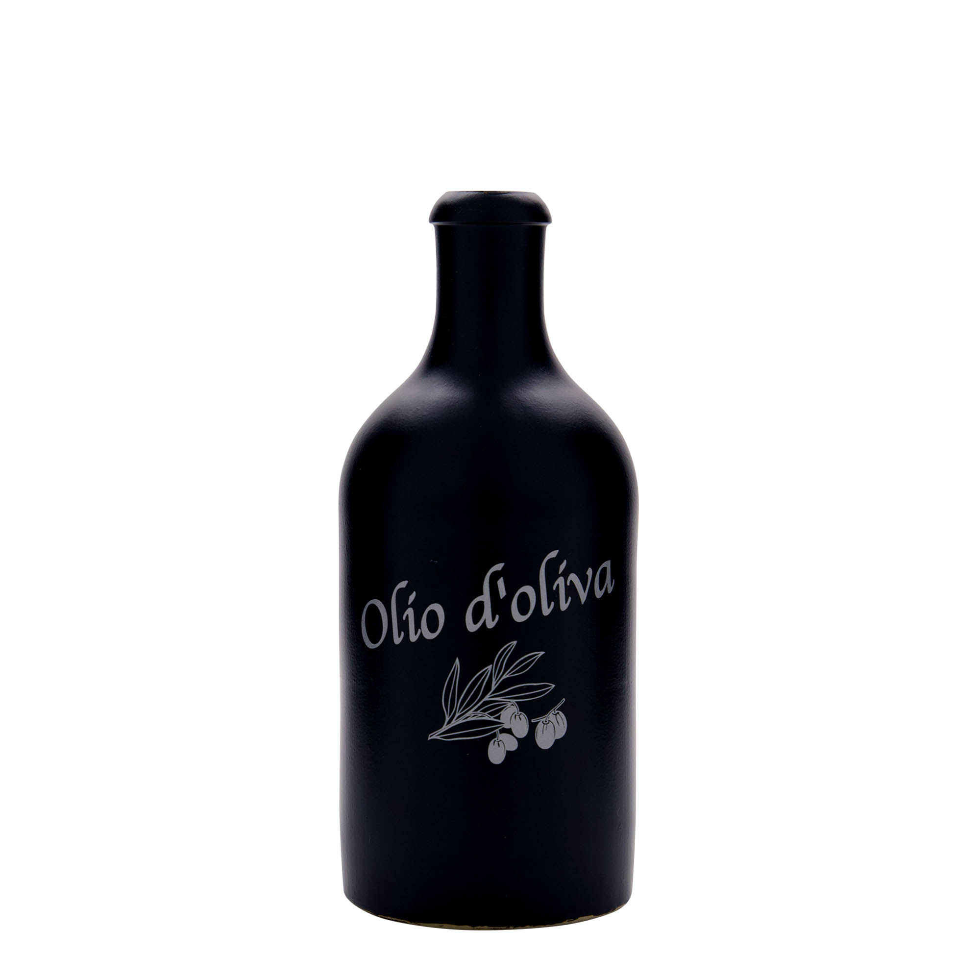 500 ml māla krūze, motīvs: Olio d'Oliva, akmens trauks, melna, atvere: korķis 500 ml māla krūze, motīvs: Olio d'Oliva, akmens trauks, melna, atvere: korķis