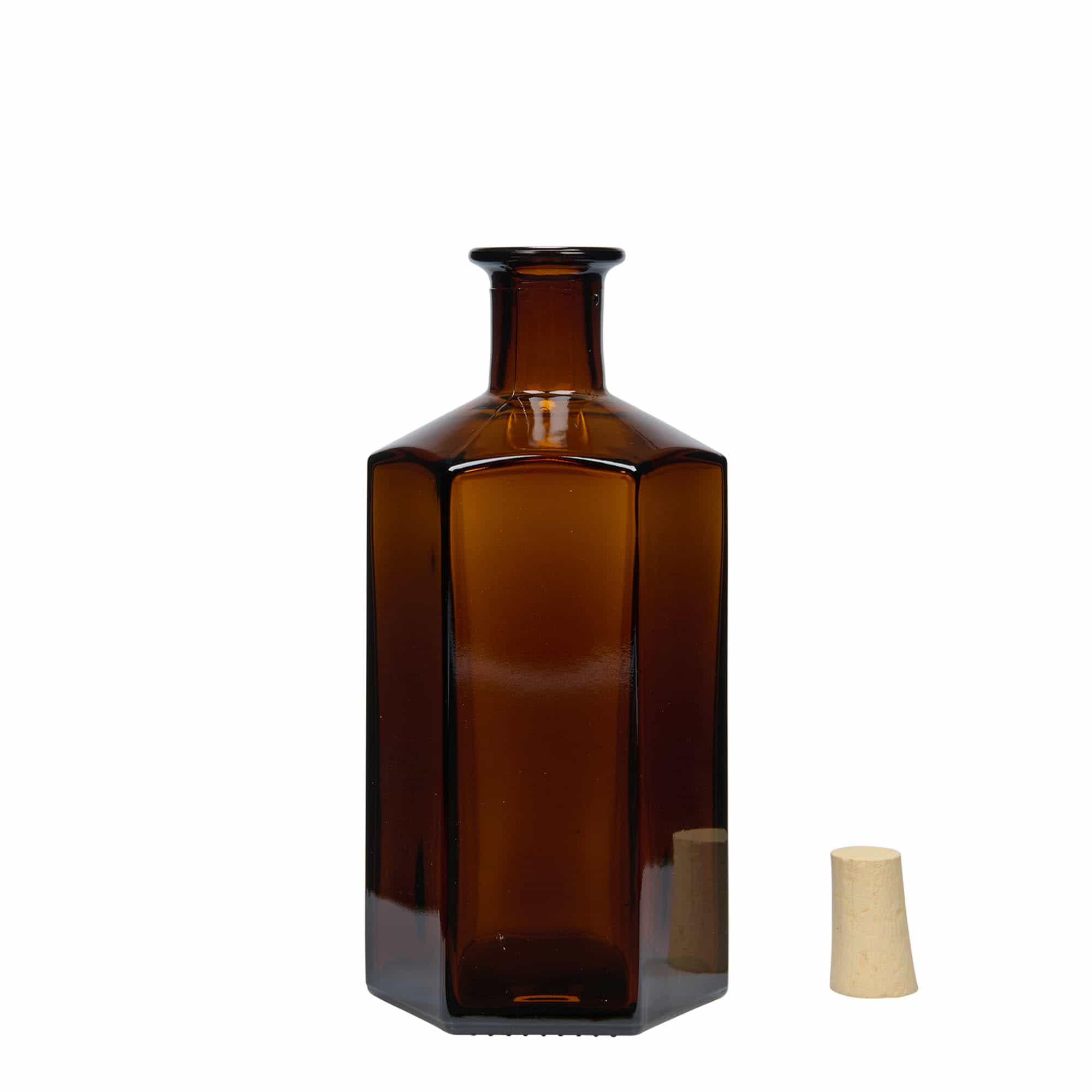 500 ml stikla pudele Apothecary 'Jimmy'. sešstūra formas. brūna. Augstums: korķis