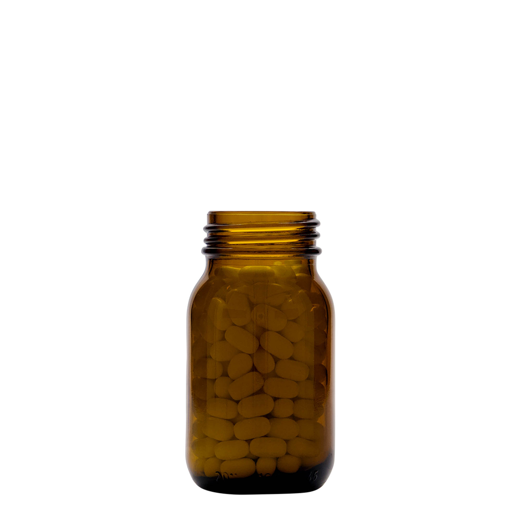 100 ml plašas kakla stikla burka, brūna, atvere: DIN 40