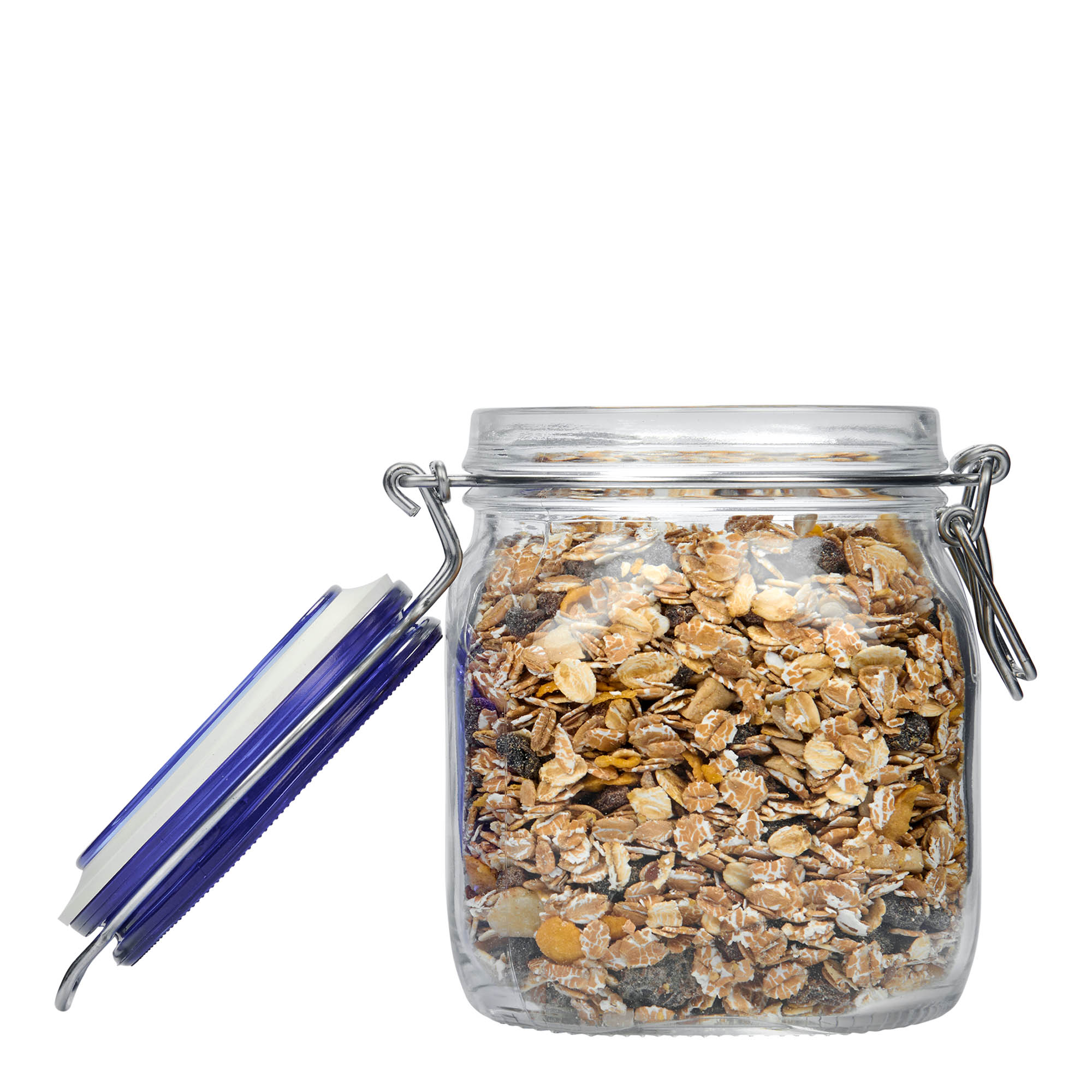 750 ml stiklaina burka ar metāla aizdari 'Fido' ar zilu vāciņu, kvadrātveida, atvere: metāla aizdare 750 ml stiklaina burka ar metāla aizdari 'Fido' ar zilu vāciņu, kvadrātveida, atvere: metāla aizdare