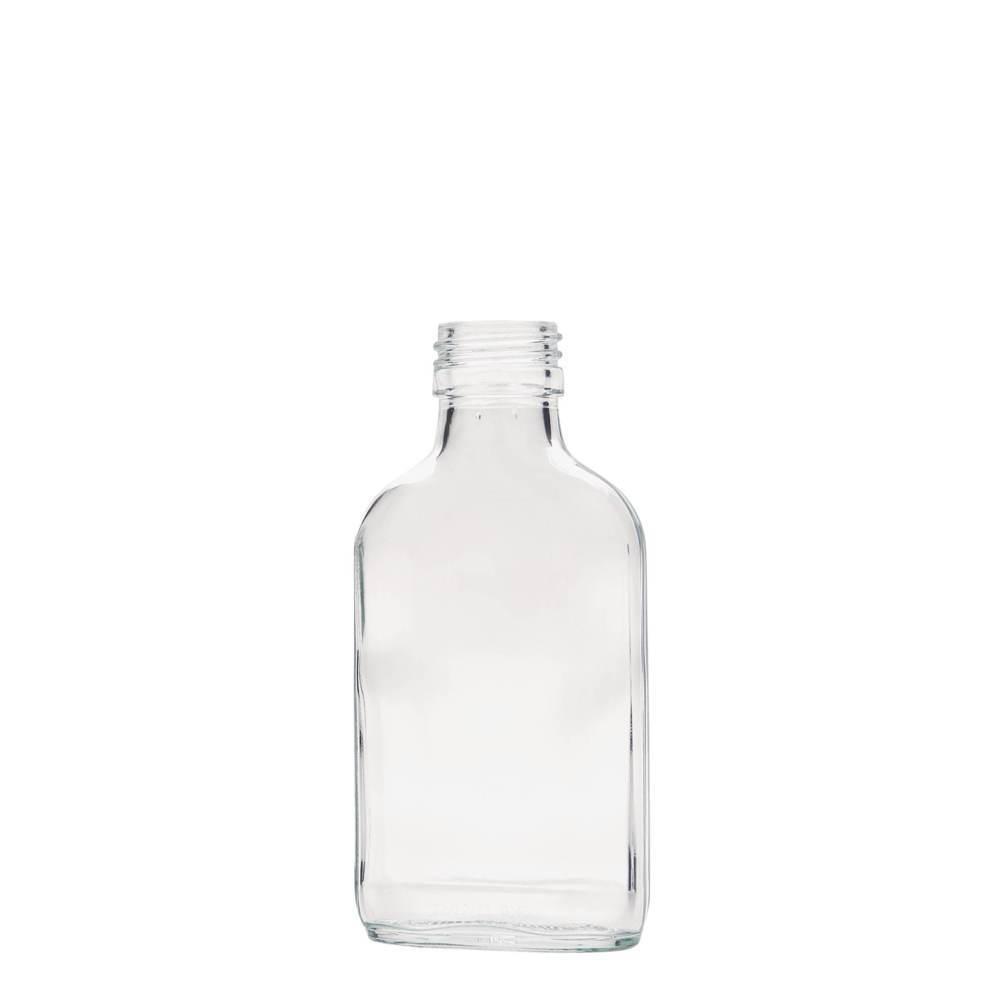100 ml kabatas pudele, taisnstūrveida, stikls, atvere: PP 28 100 ml kabatas pudele, taisnstūrveida, stikls, atvere: PP 28