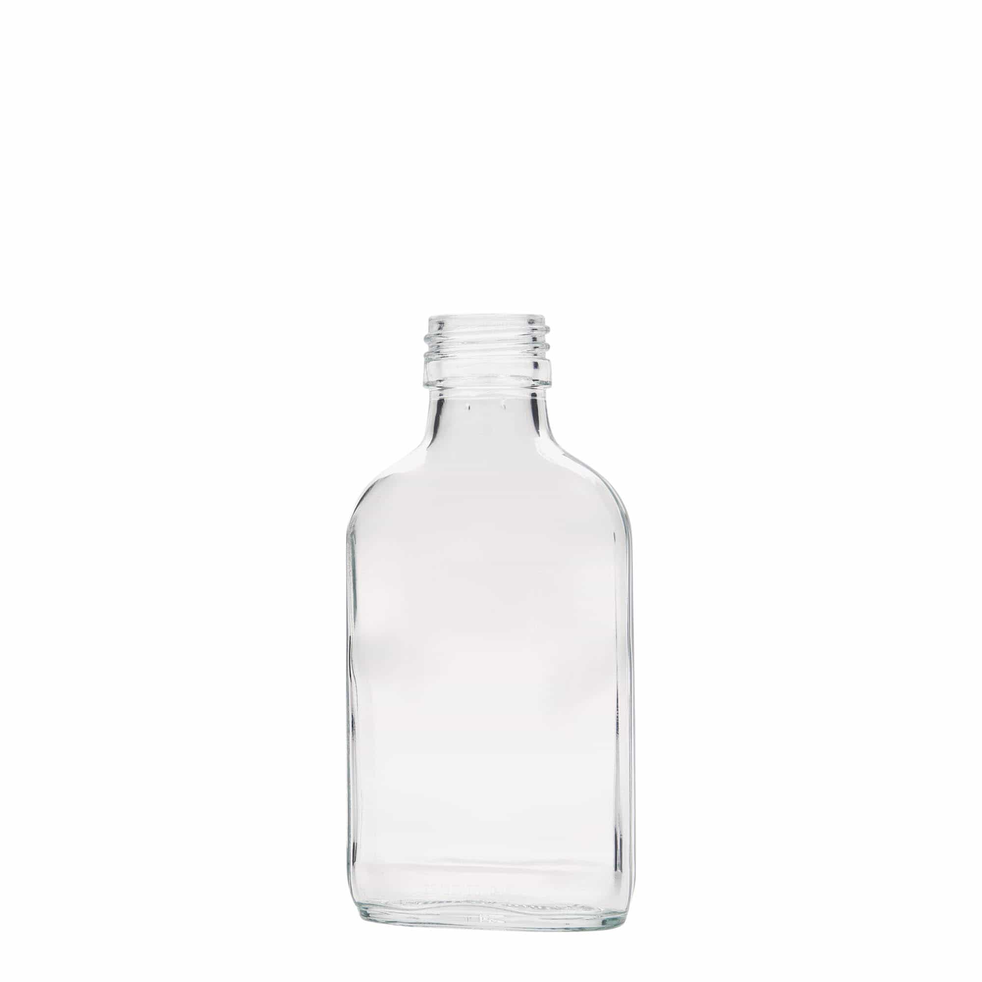 100 ml kabatas pudele, taisnstūrveida, stikls, atvere: PP 28