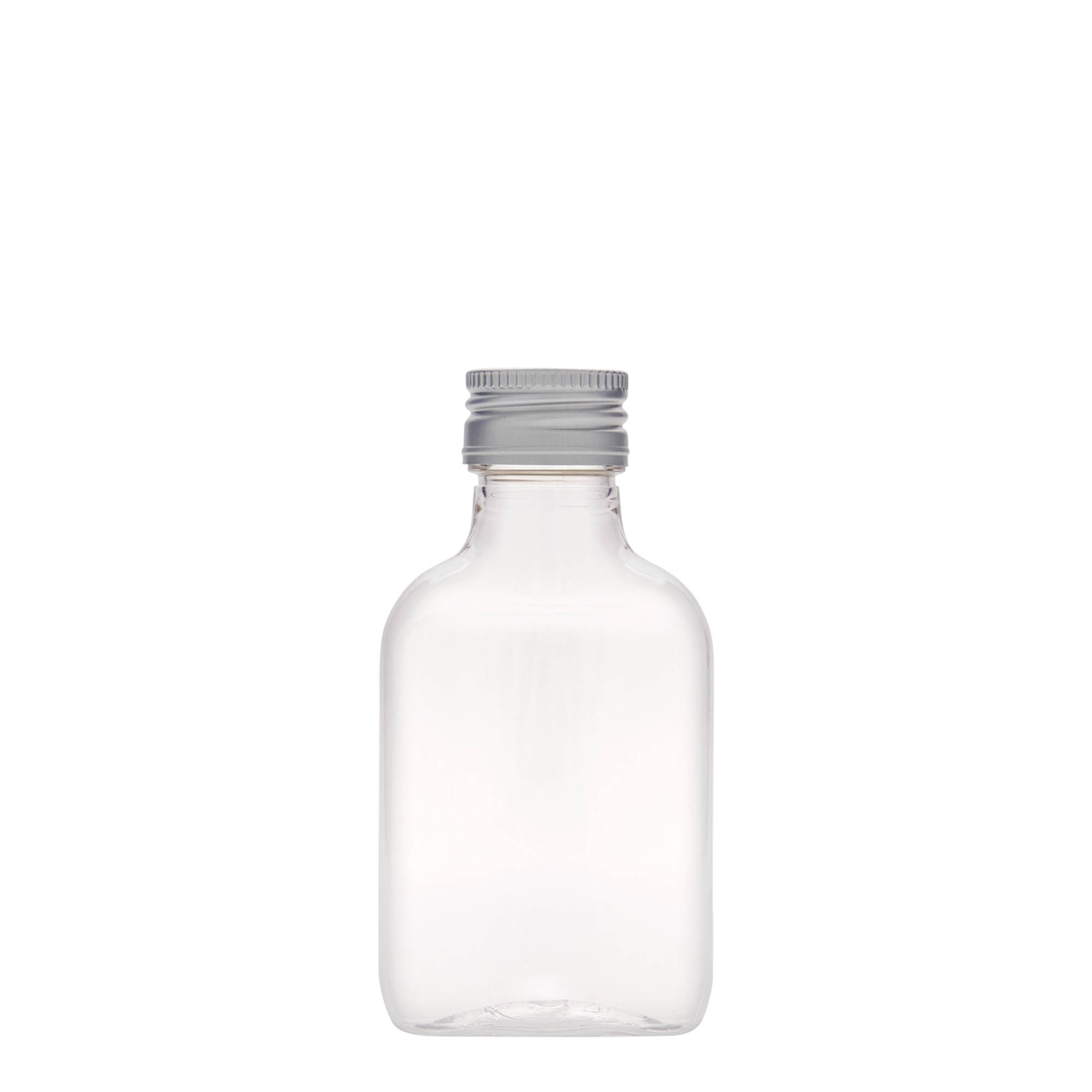 100 ml kabatas pudele, ovāla, PET plastmasa, atvere: PP 28 100 ml kabatas pudele, ovāla, PET plastmasa, atvere: PP 28