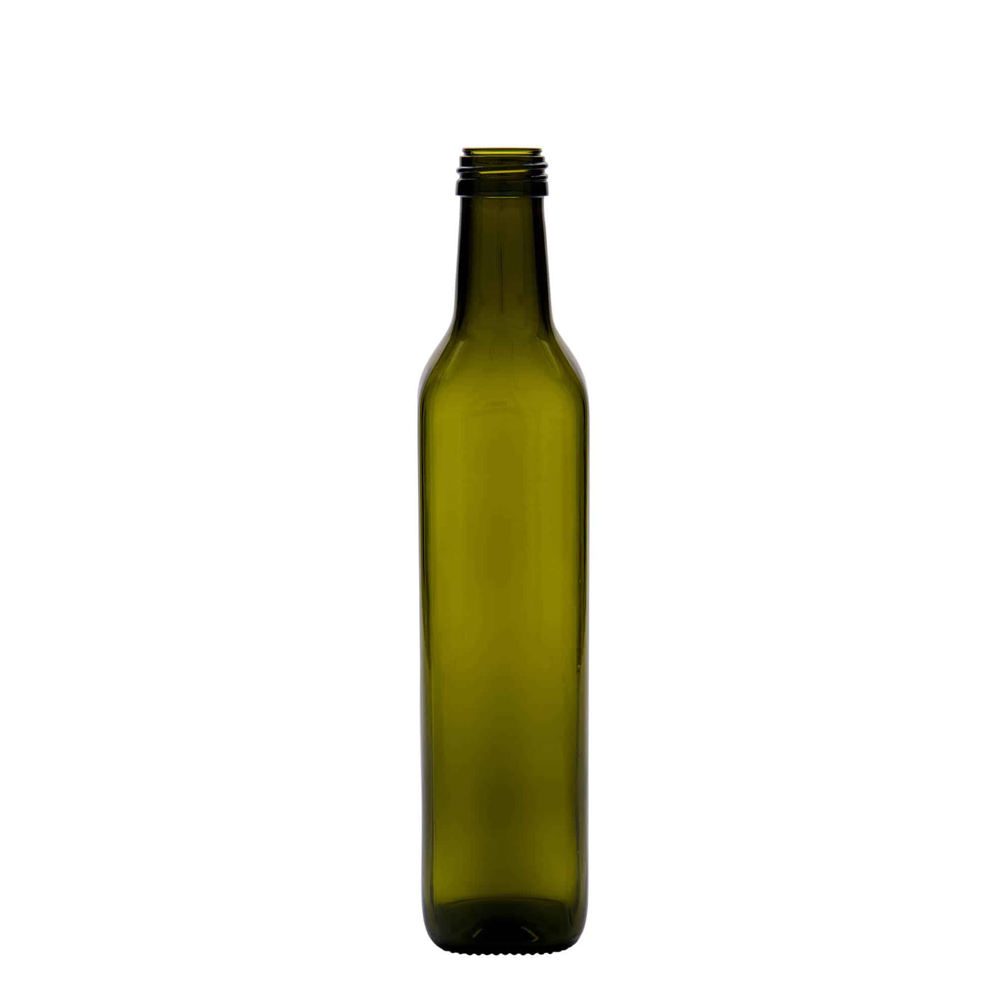 500 ml stikla pudele 'Marasca', kvadrātveida, antīki zaļa, atvere: PP 31,5