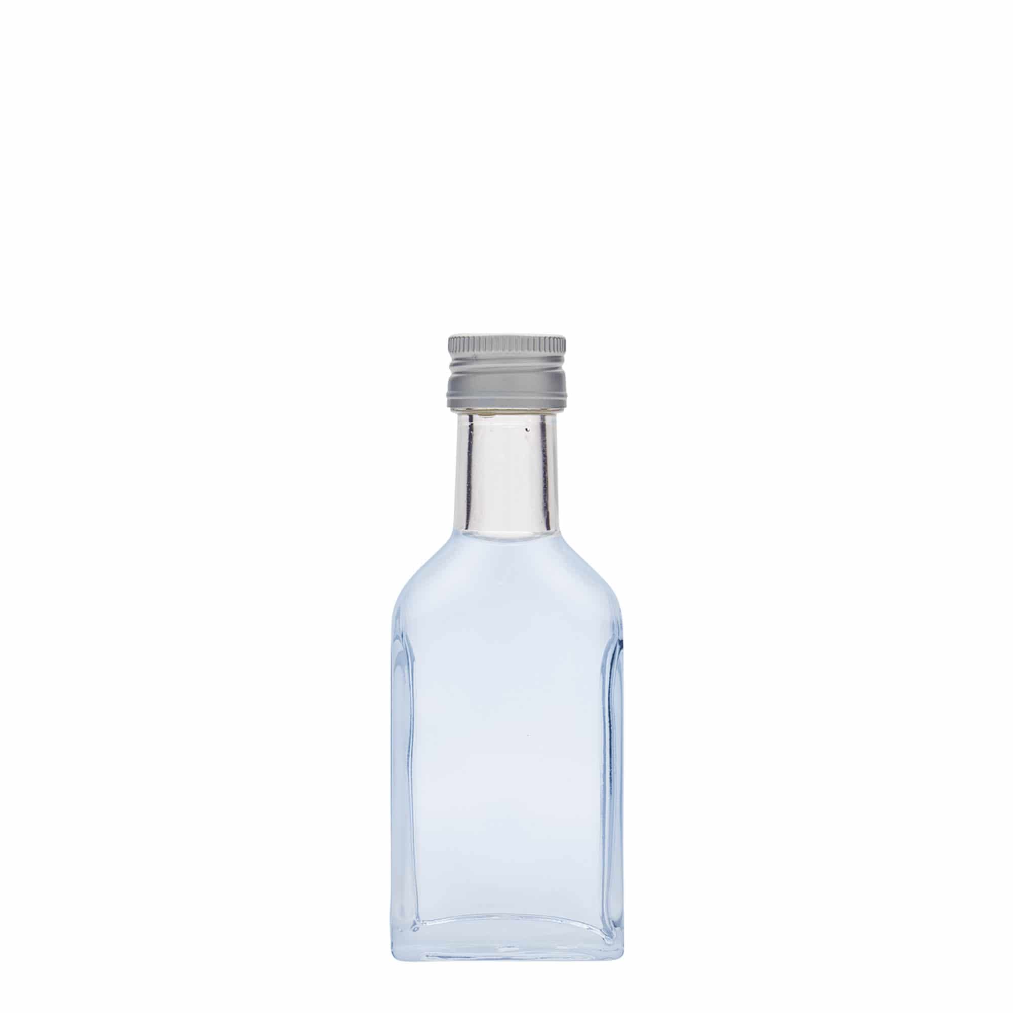 40 ml kabatas pudele ar garu kaklu, taisnstūrveida, stikls, atvere: PP 22