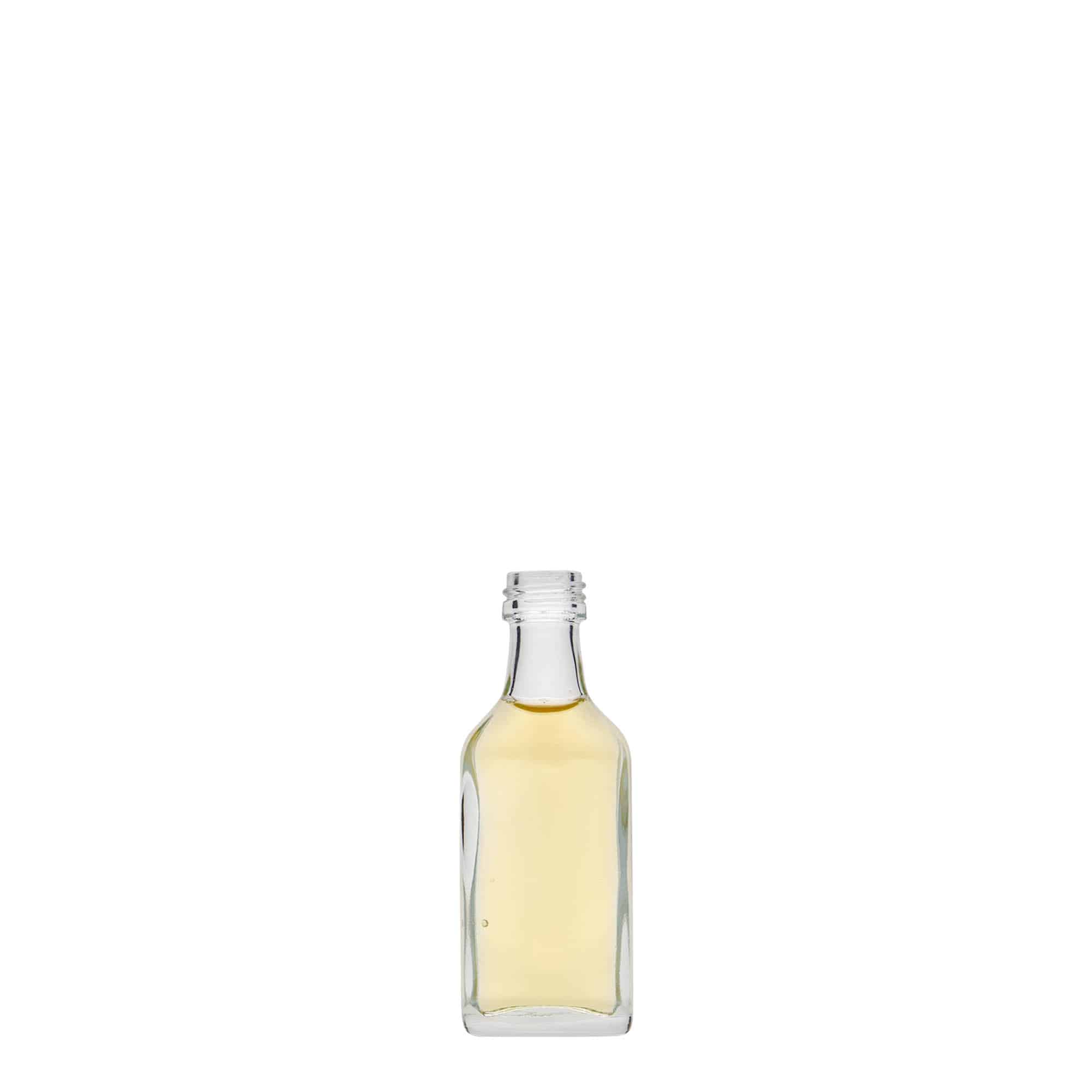 20 ml kabatas pudele, taisnstūrveida, stikls, atvere: PP 18