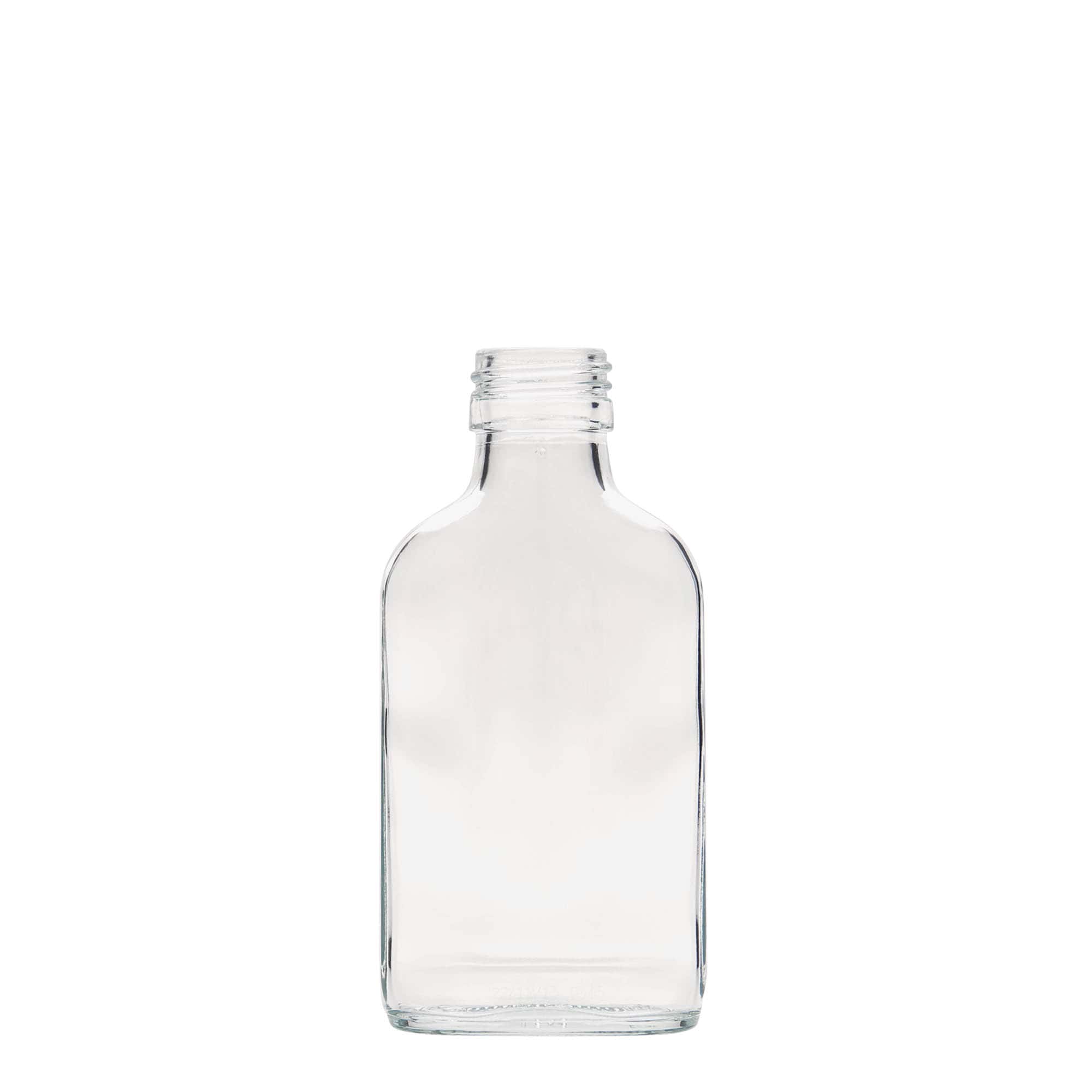 100 ml kabatas pudele, taisnstūrveida, stikls, atvere: PP 28